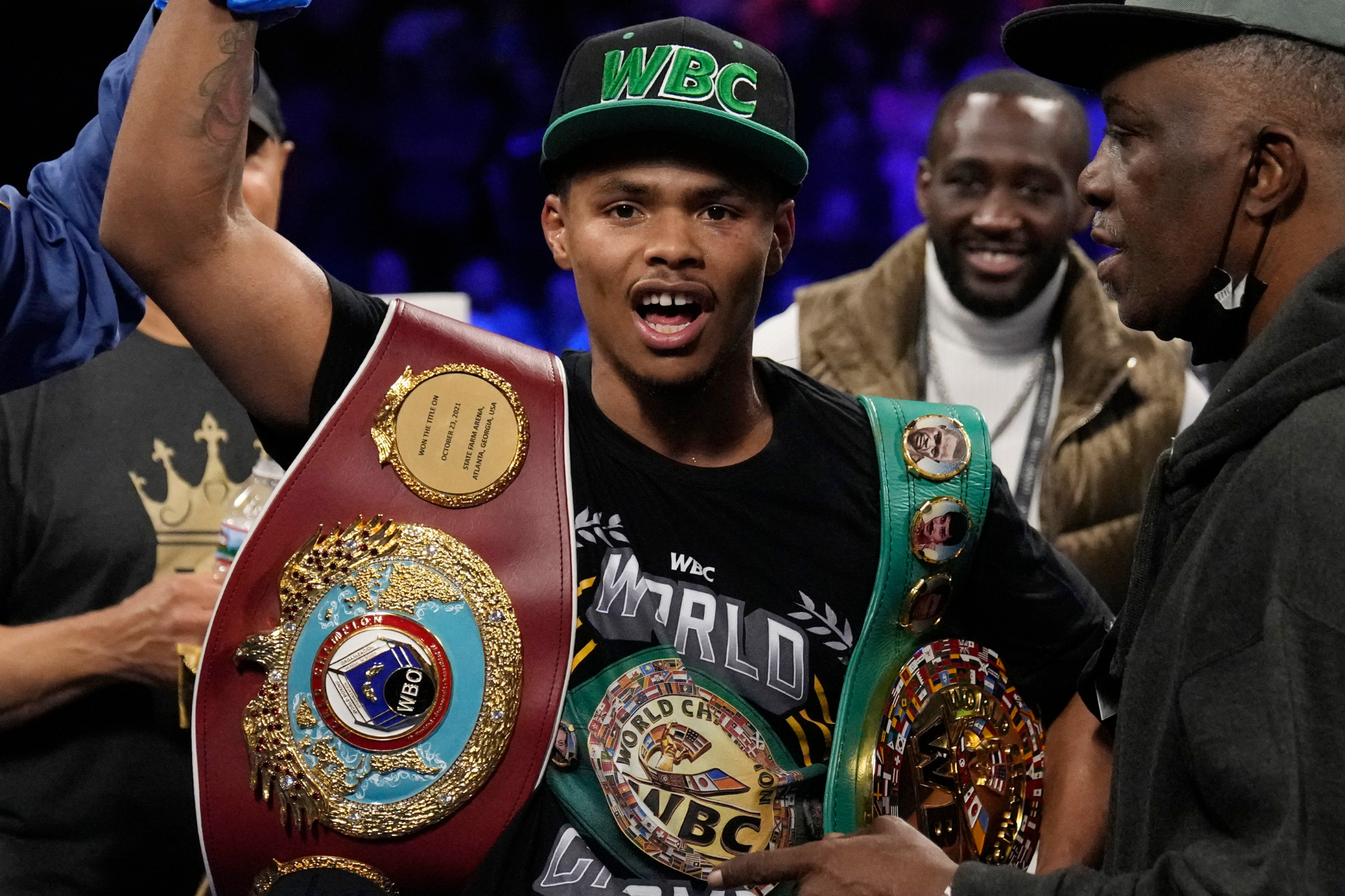 Shakur Stevenson with his world title belts after his win over Oscar Valdez.