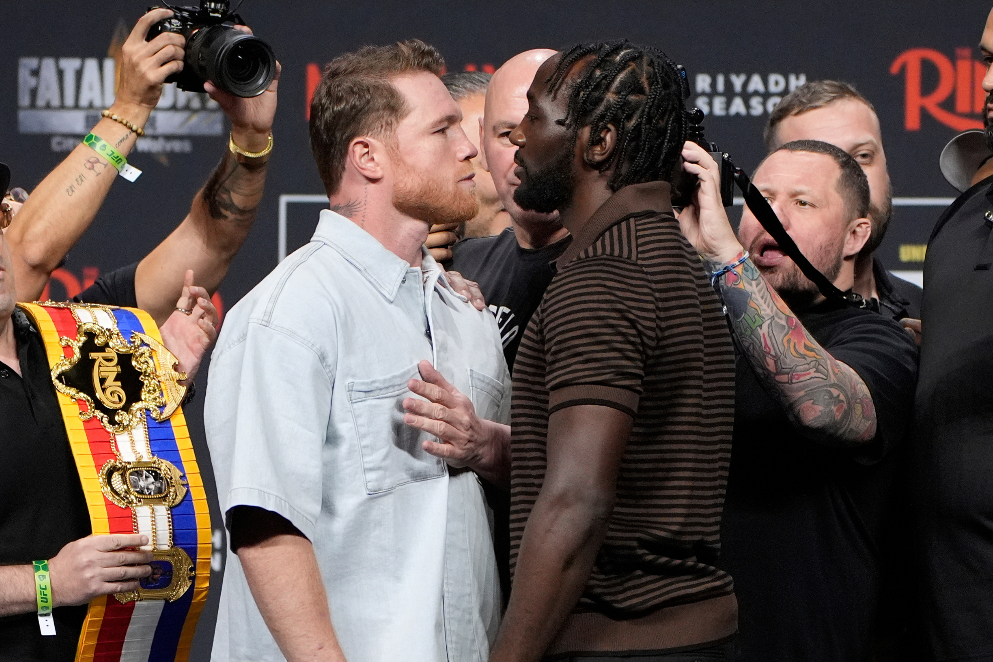 Canelo Alvarez and Terence Crawford face off months before their September 13 bout.