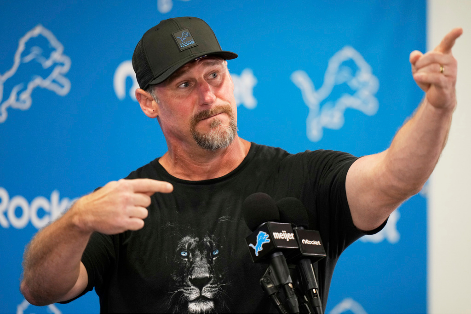Detroit Lions head coach Dan Campbell gestures during a news conference