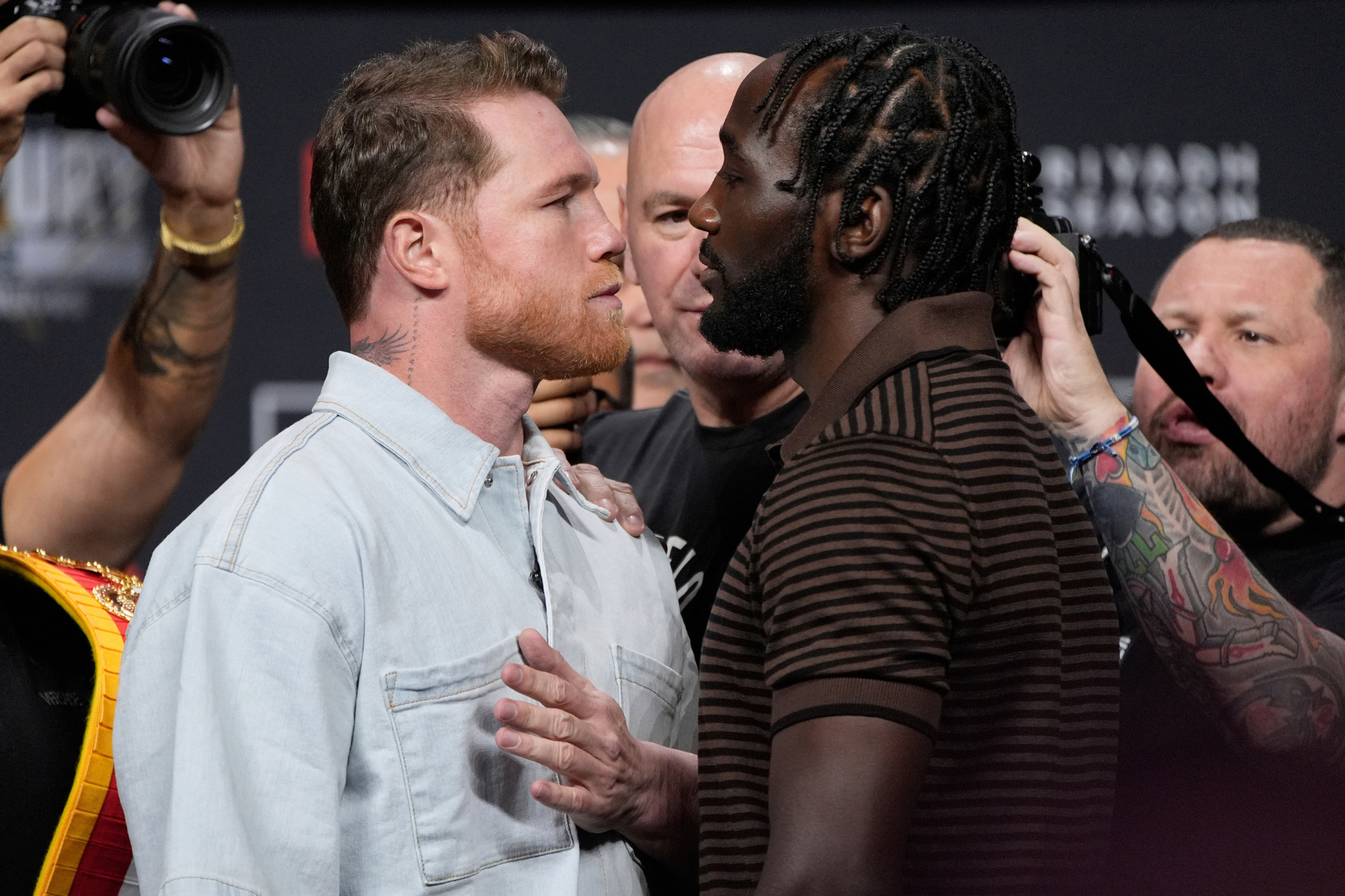Canelo Alvarez and Terence Crawford do a face-off months before their fight in Las Vegas.