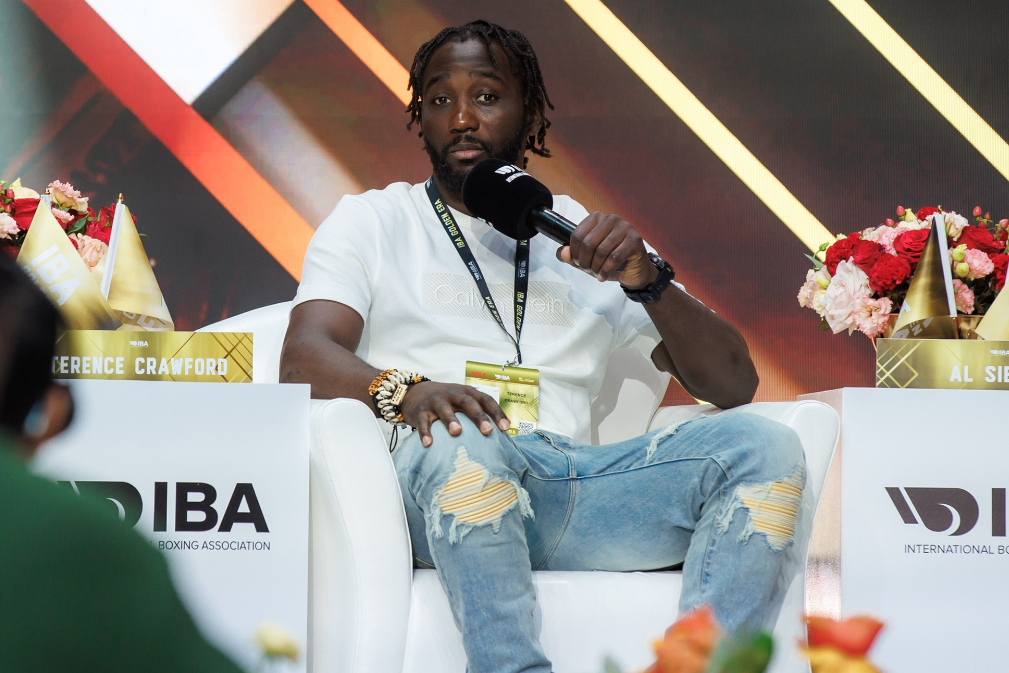 Terence Crawford speaks to the crowd during an IBA event in 2025.