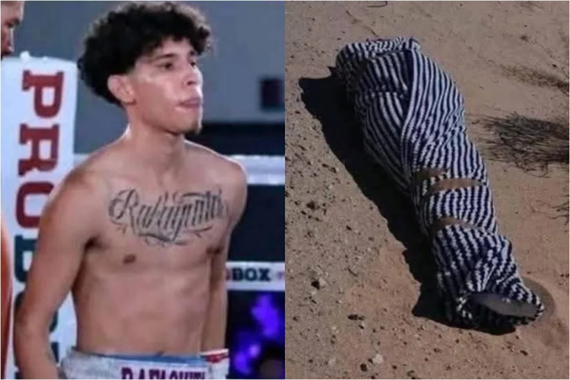 A picture of Jesús Iván Mercado in the ring and the way he was found dead.