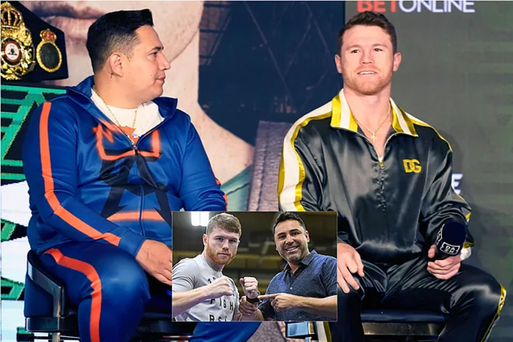 Eddy Reynoso and Canelo, in the large image, and De la Hoya with Álvarez.