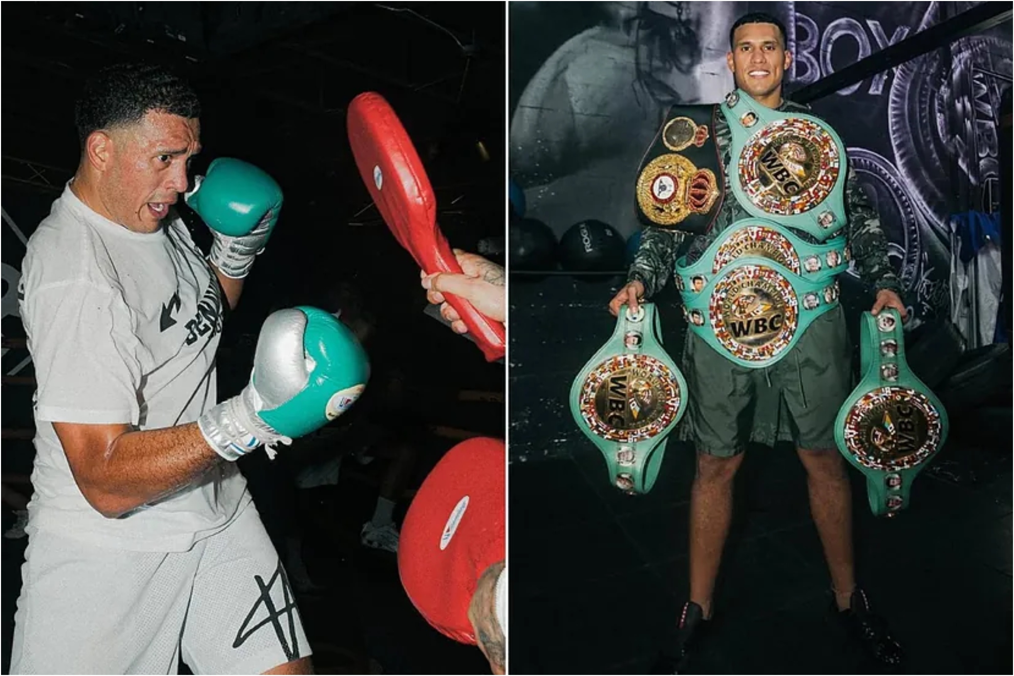 Two images of David Benavidez: training and posing with his championship belts.