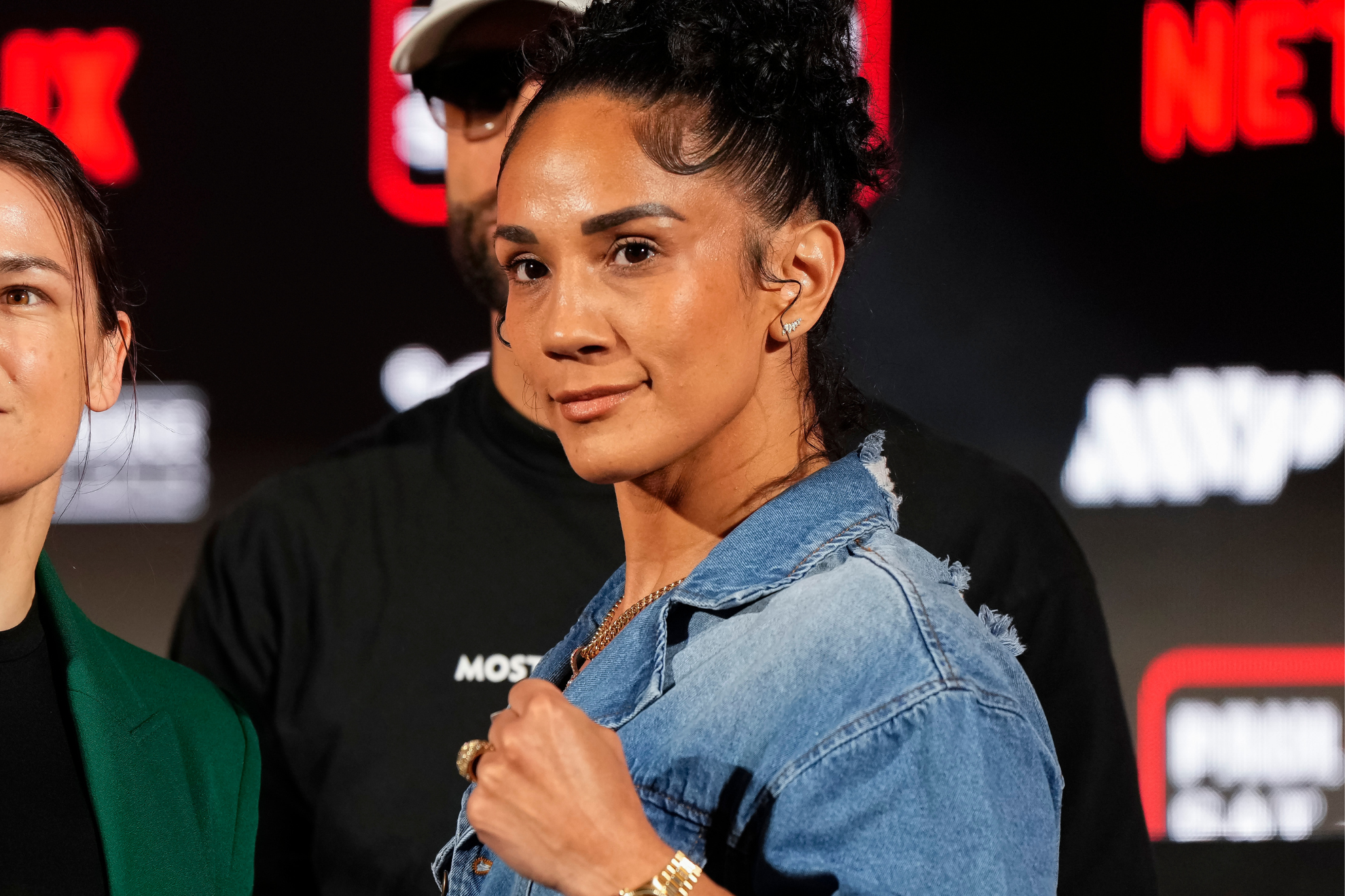 Amanda Serrano during a face-off with Katie Taylor ahead of one of their boxing bouts, May 16, 2024.