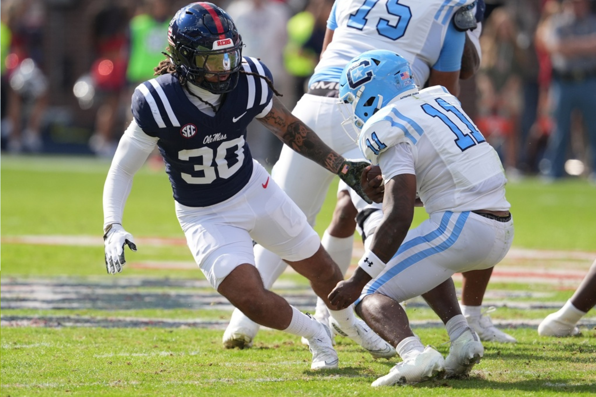 Mississippi linebacker Jaden Yates (30) during the second half of an NCAA college football game