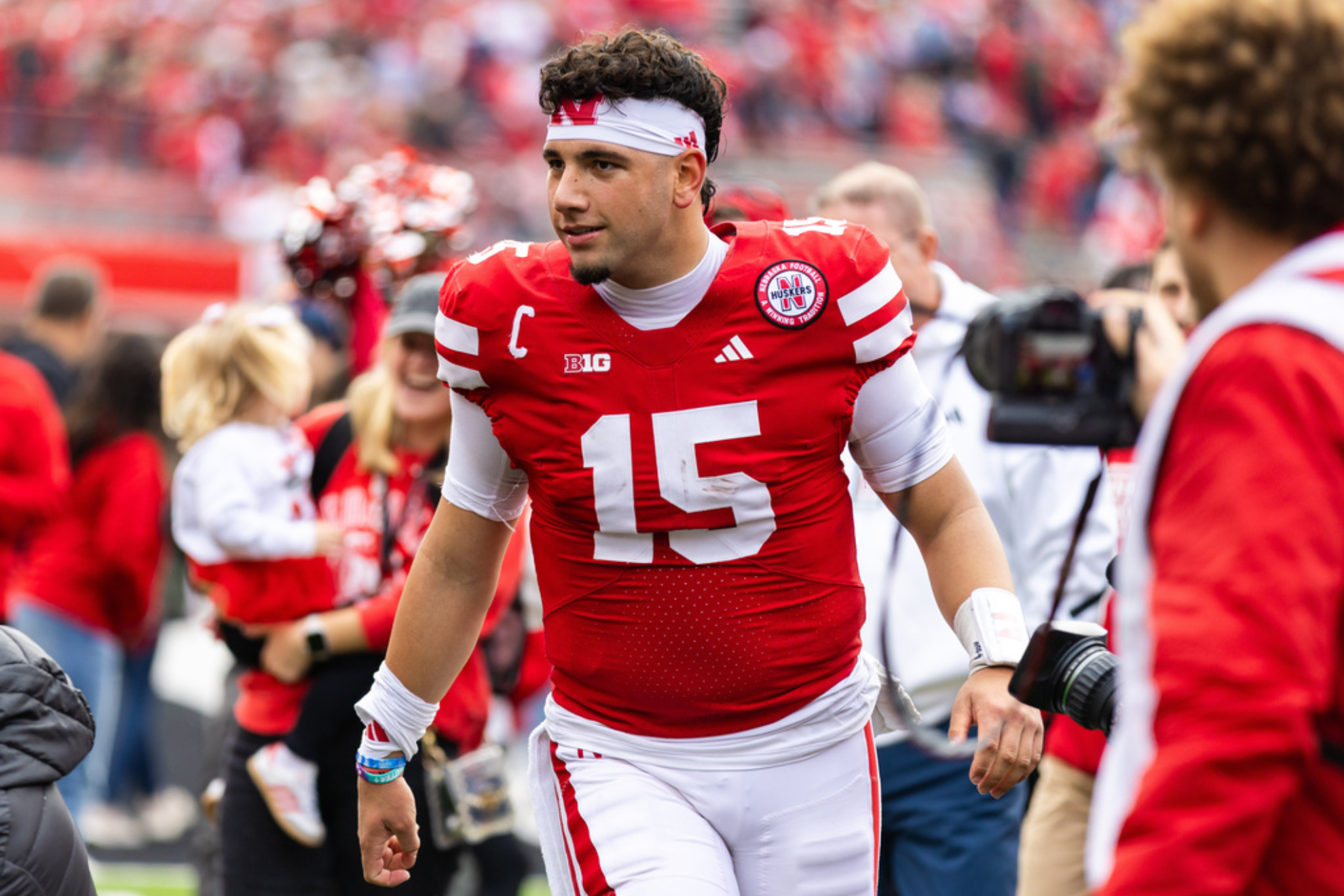 Nebraska quarterback Dylan Raiola (15) walks off the field after a win against Northwestern in an NCAA college football game