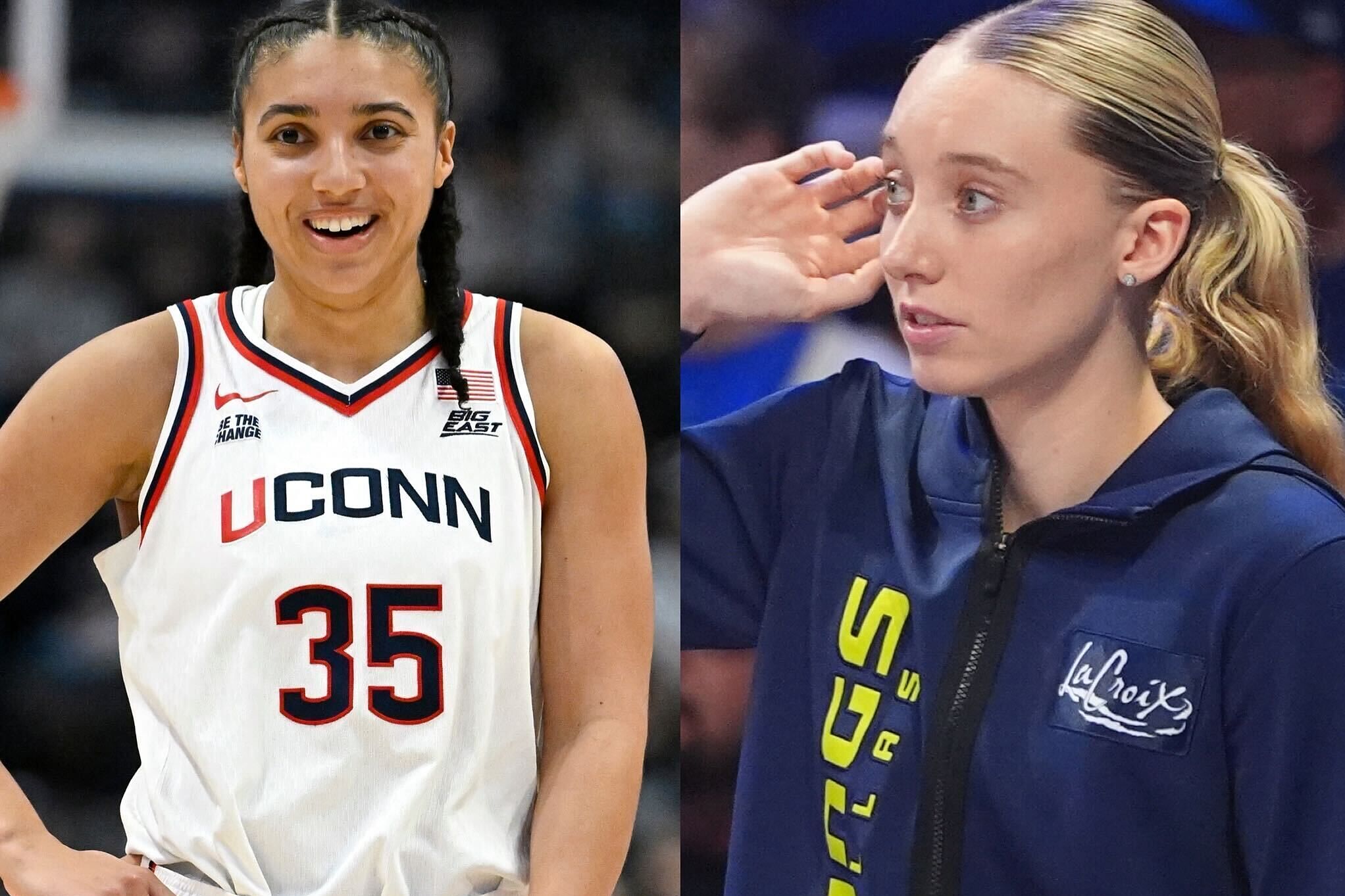 UConn guard Azzi Fudd (35) during an NCAA college basketball game, and Dallas Wings guard Paige Bueckers watches from the sideline during a WNBA basketball game