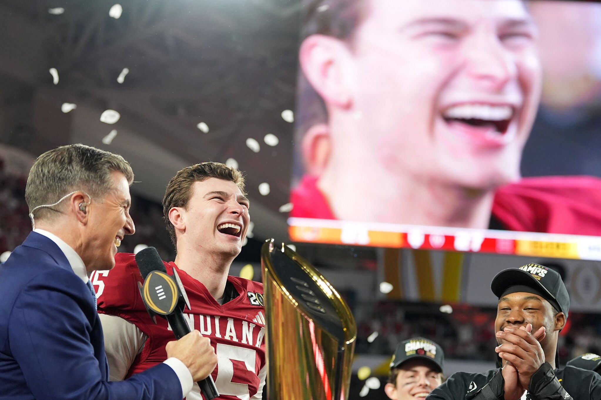 Indiana quarterback Fernando Mendoza smiles after the College Football Playoff national championship game against Miami