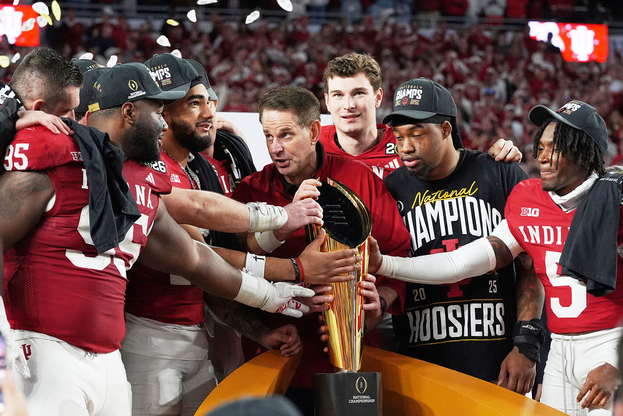 Indiana holds the trophy after their win against Miami in the College Football Playoff national championship game