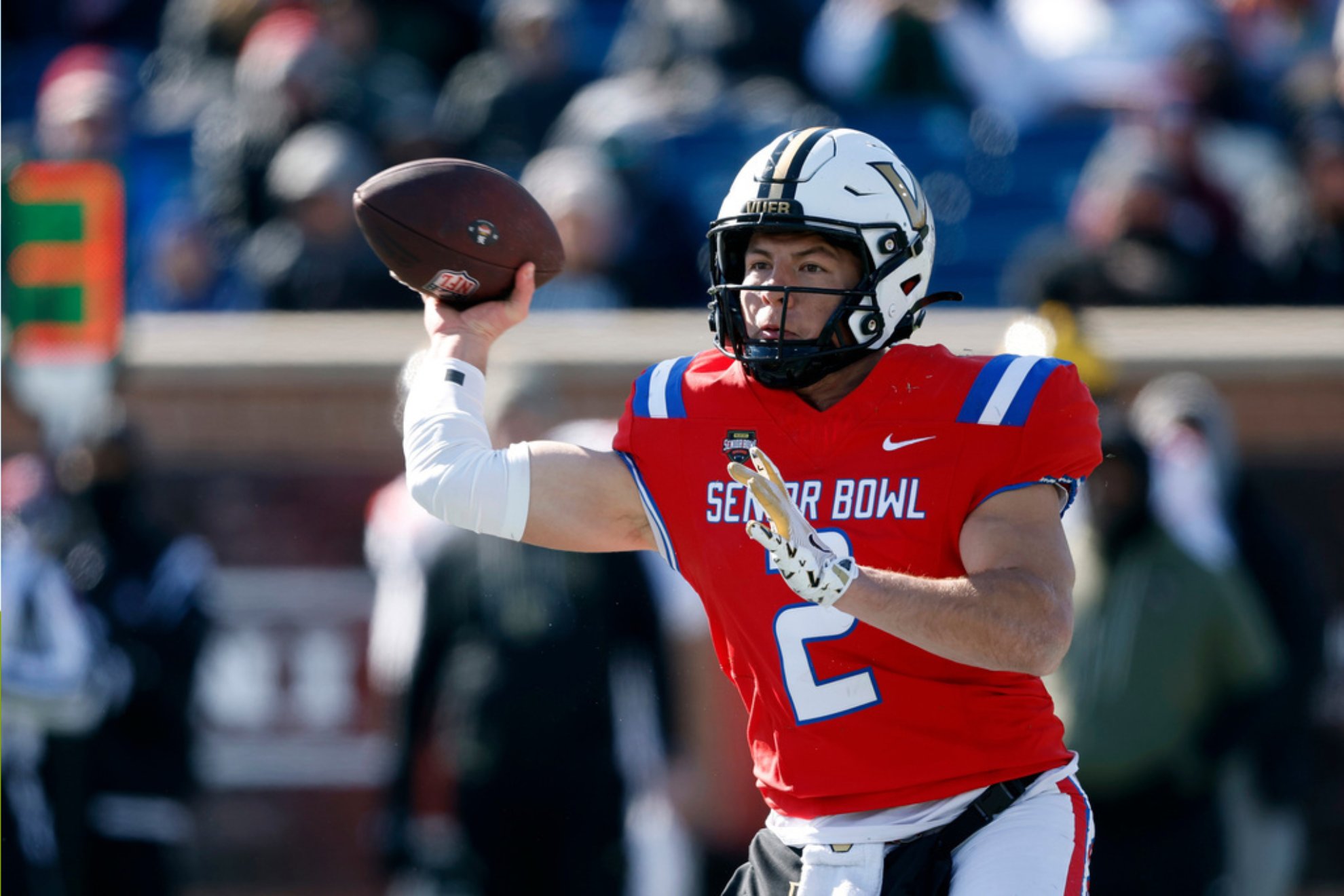 National Team quarterback Diego Pavia (2), of Vanderbilt, throws a pass during the first half of the Senior Bowl NCAA college football