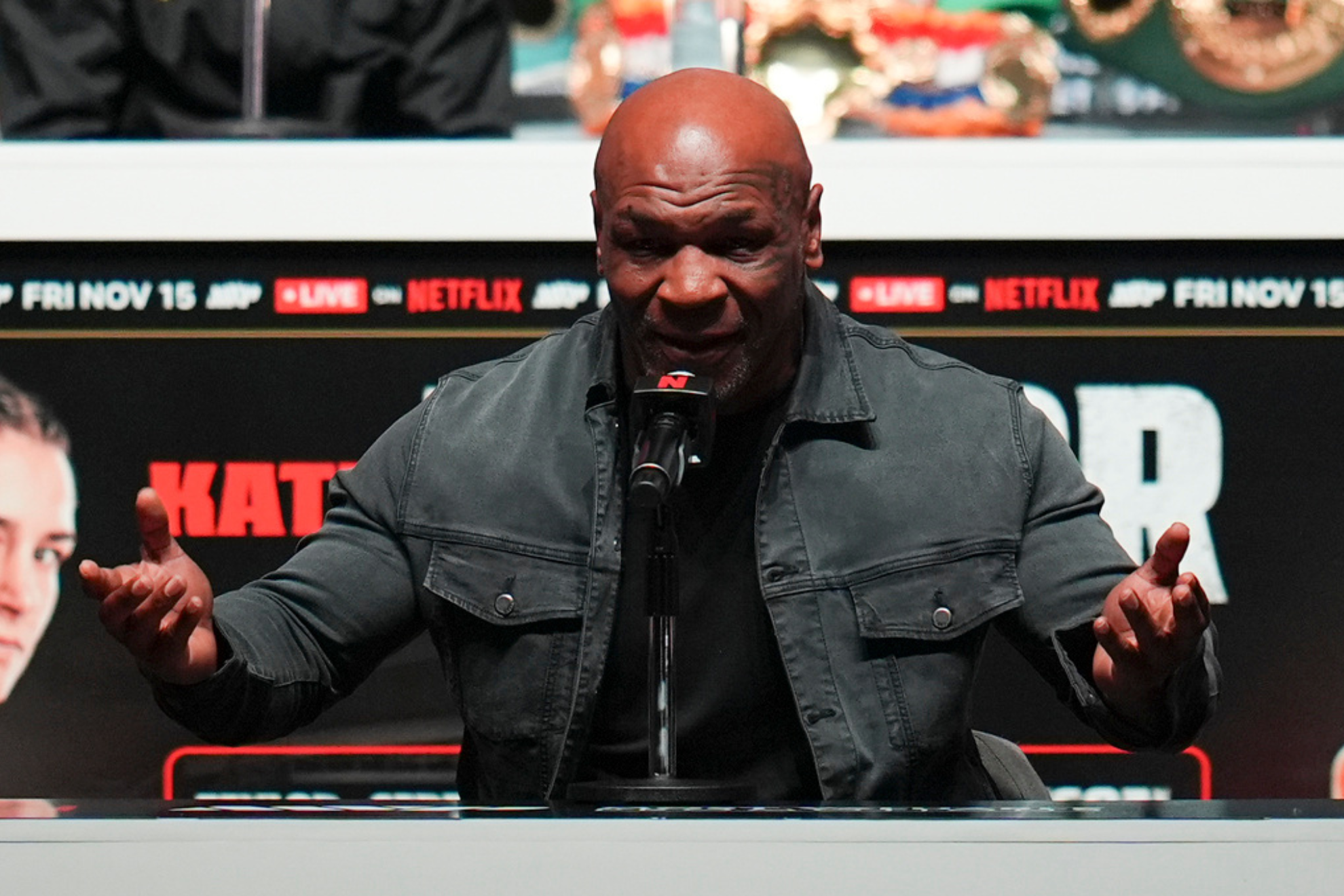 Mike Tyson speaks at a media conference