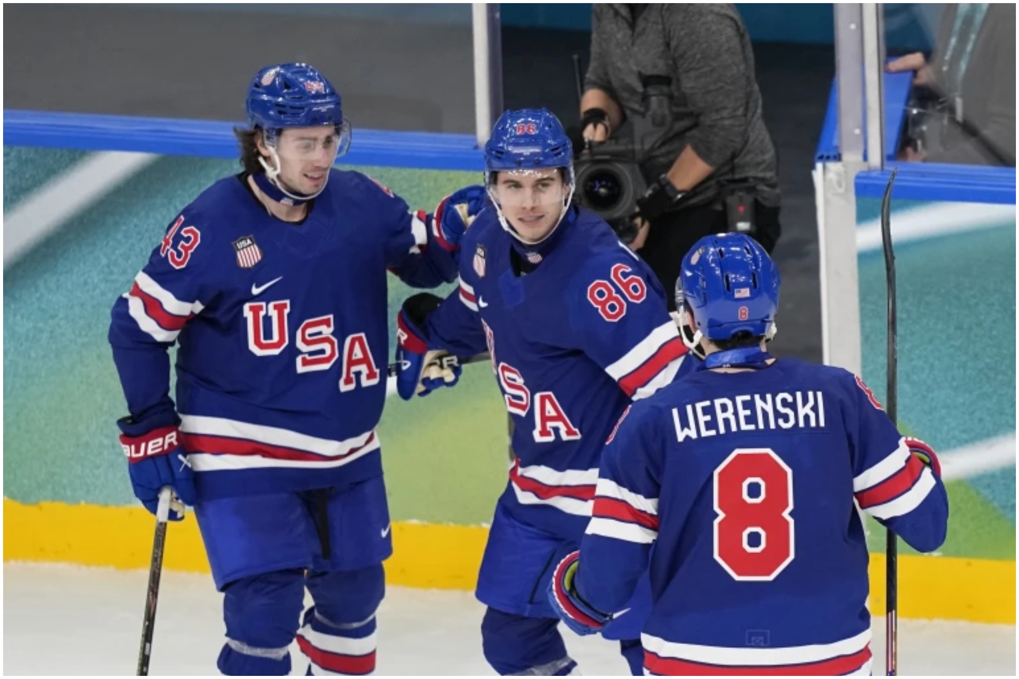 United States' Jack Hughes celebrates after scoring his side's sixth goal during a preliminary round match of men's ice hockey between United States and Denmark at the 2026 Winter Olympics, in Milan, Italy, Saturday, Feb. 14, 2026.