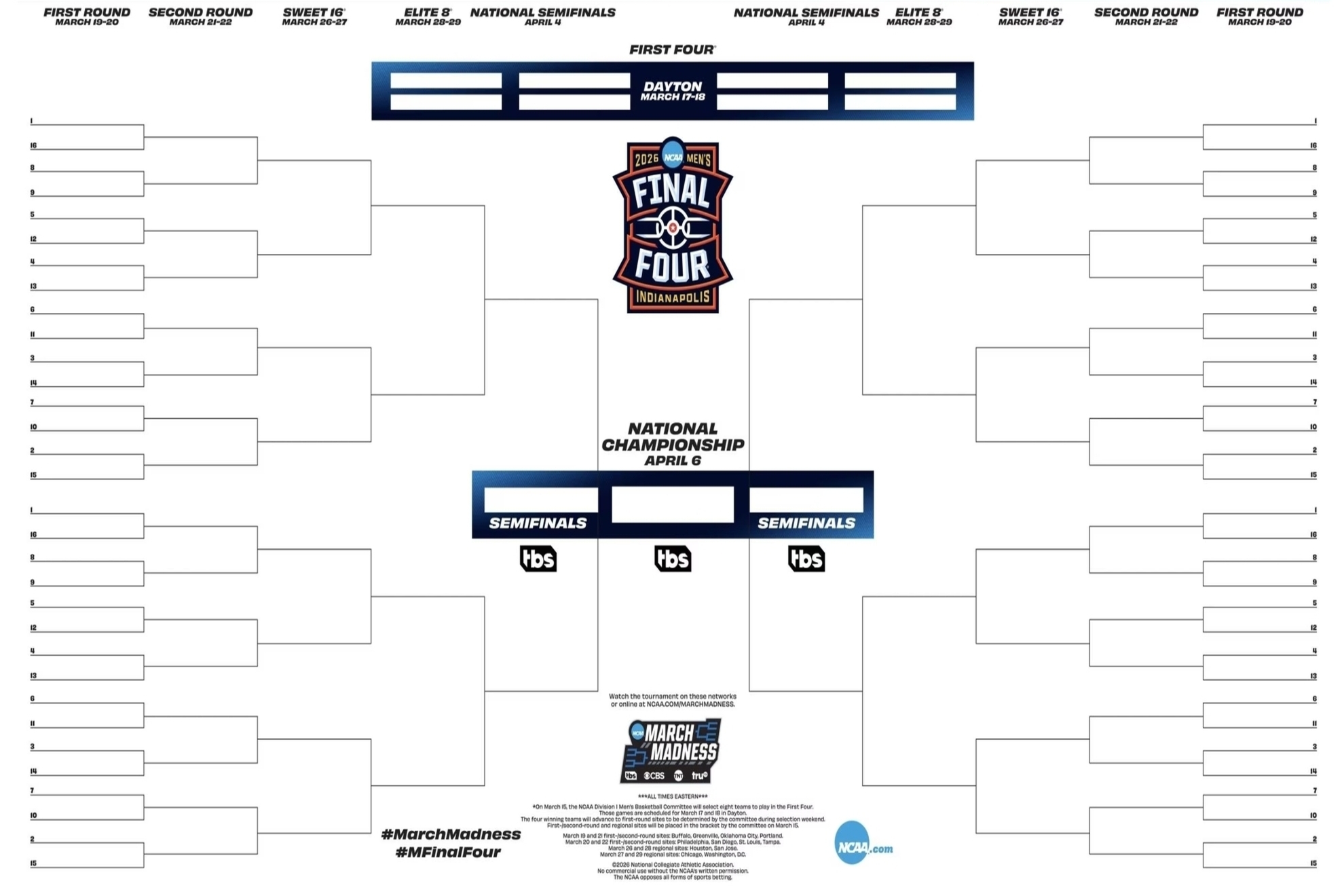 Printable March Madness Bracket 2026