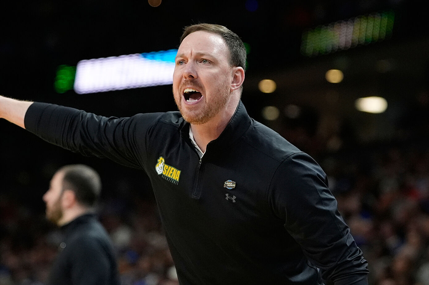 Gerry McNamara coaching for Siena against Duke during the 2026 NCAA Tournament.