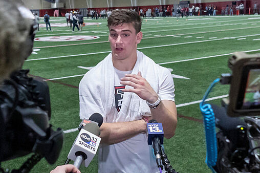 Ty Simpson speaks to the media after participating in Alabama's Pro Day.