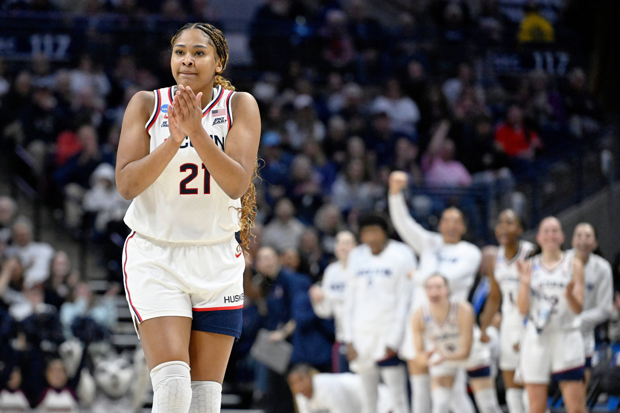 UConn forward Sarah Strong (21) reacts during the first half in the second round of the NCAA March Madness