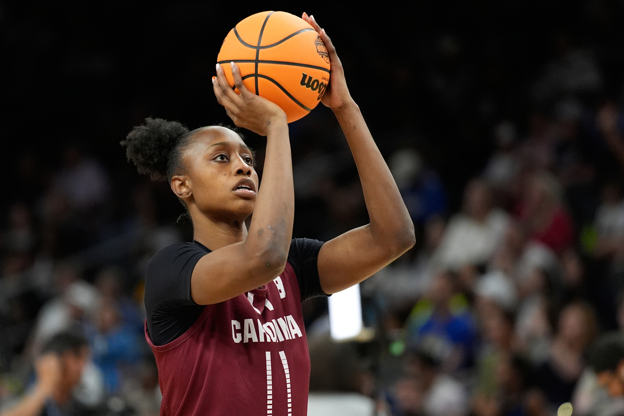 South Carolina forward Joyce Edwards(8) shoots during a practice at the NCAA college basketball tournament Final Four