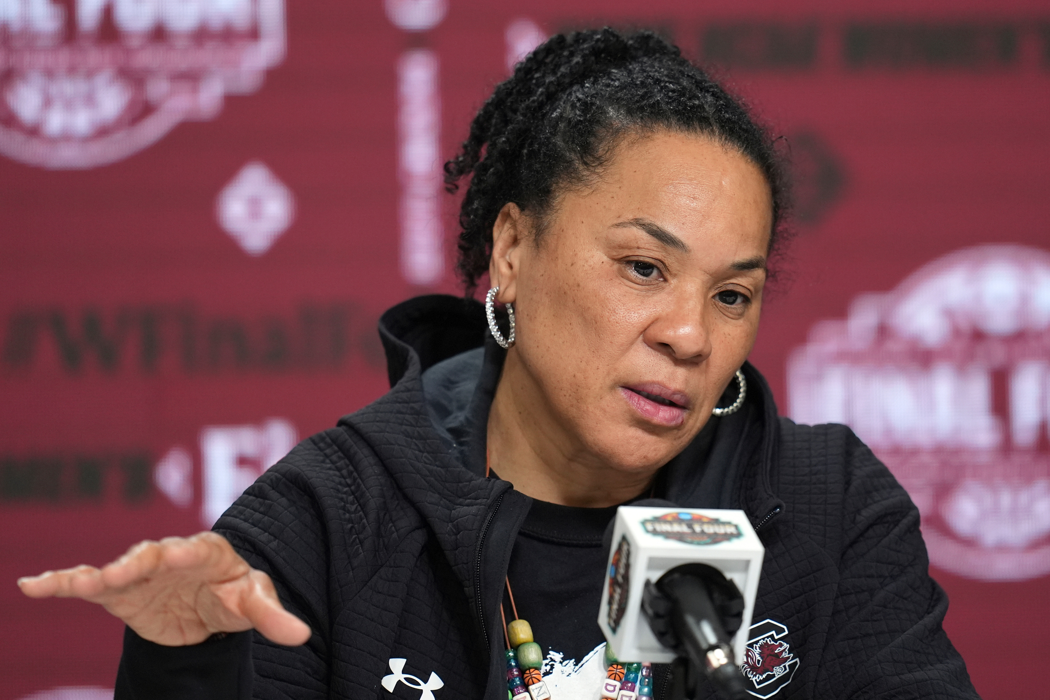 South Carolina head coach Dawn Staley answers a question during a news conference prior to the national semifinals