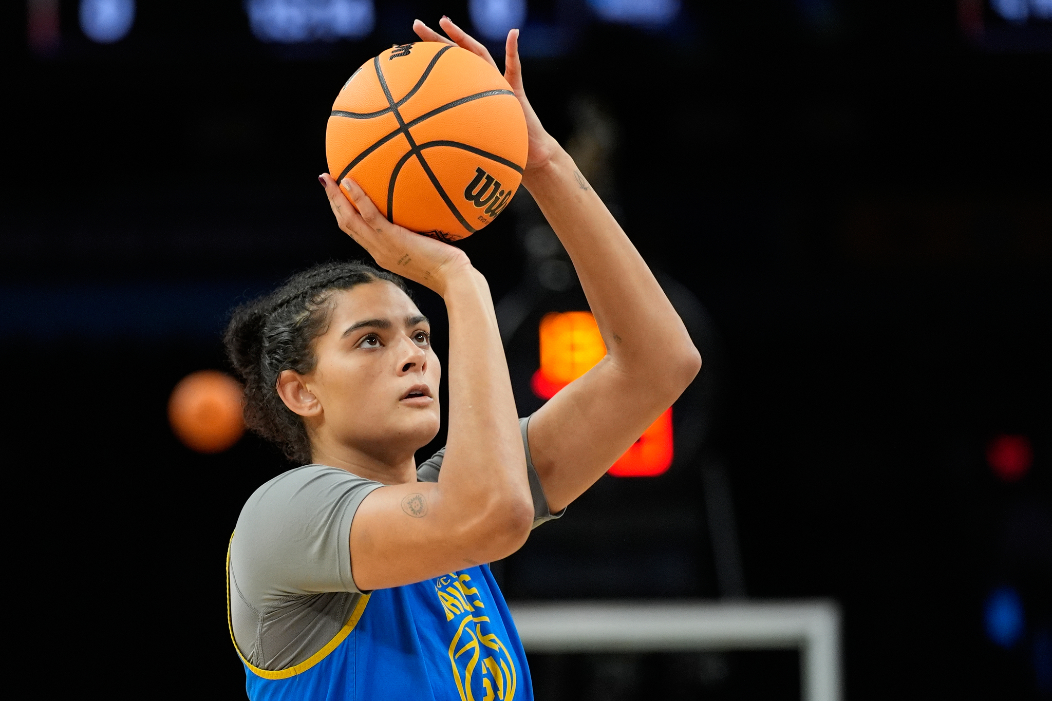 UCLA center Lauren Betts (51) shoots during a practice at the NCAA college basketball tournament Final Four