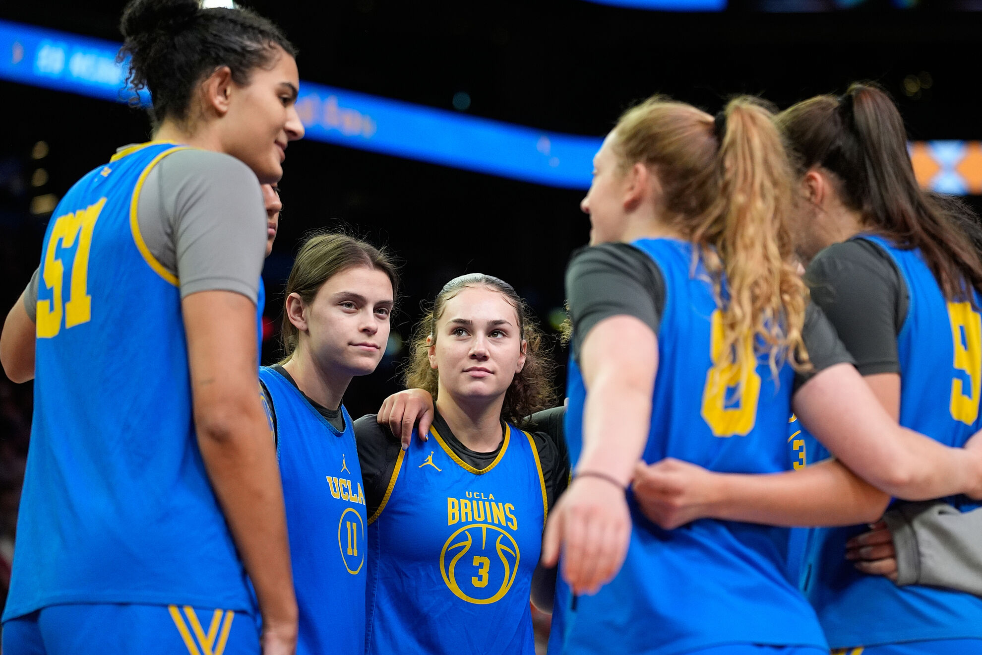 UCLA teammates during a practice at the NCAA college basketball tournament