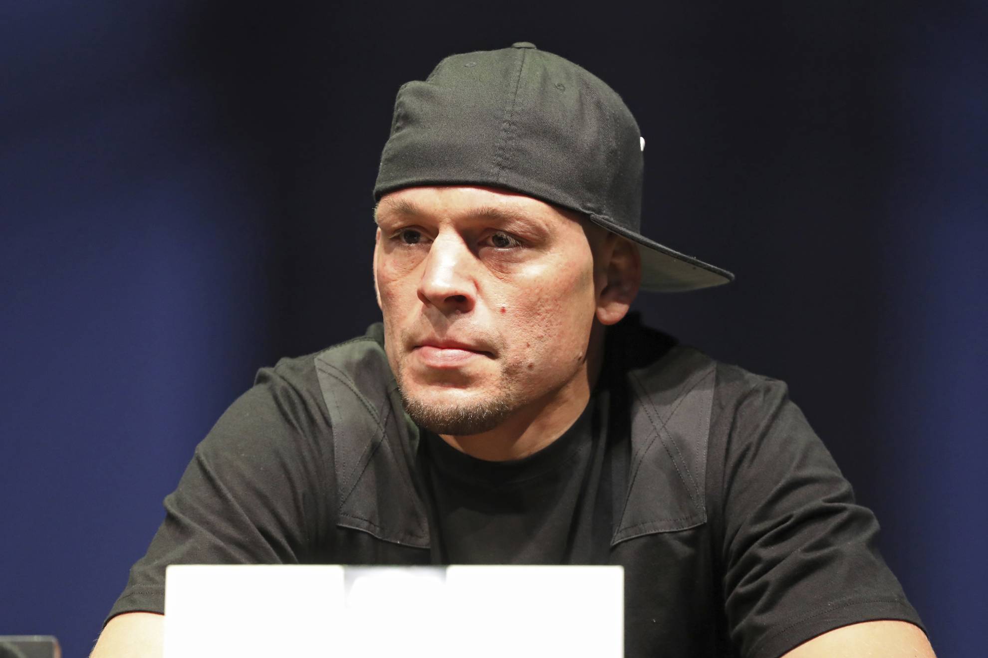 Nate Díaz at a news conference for the UFC 244 mixed martial arts event, Thursday, Sept. 19, 2019, in New York.