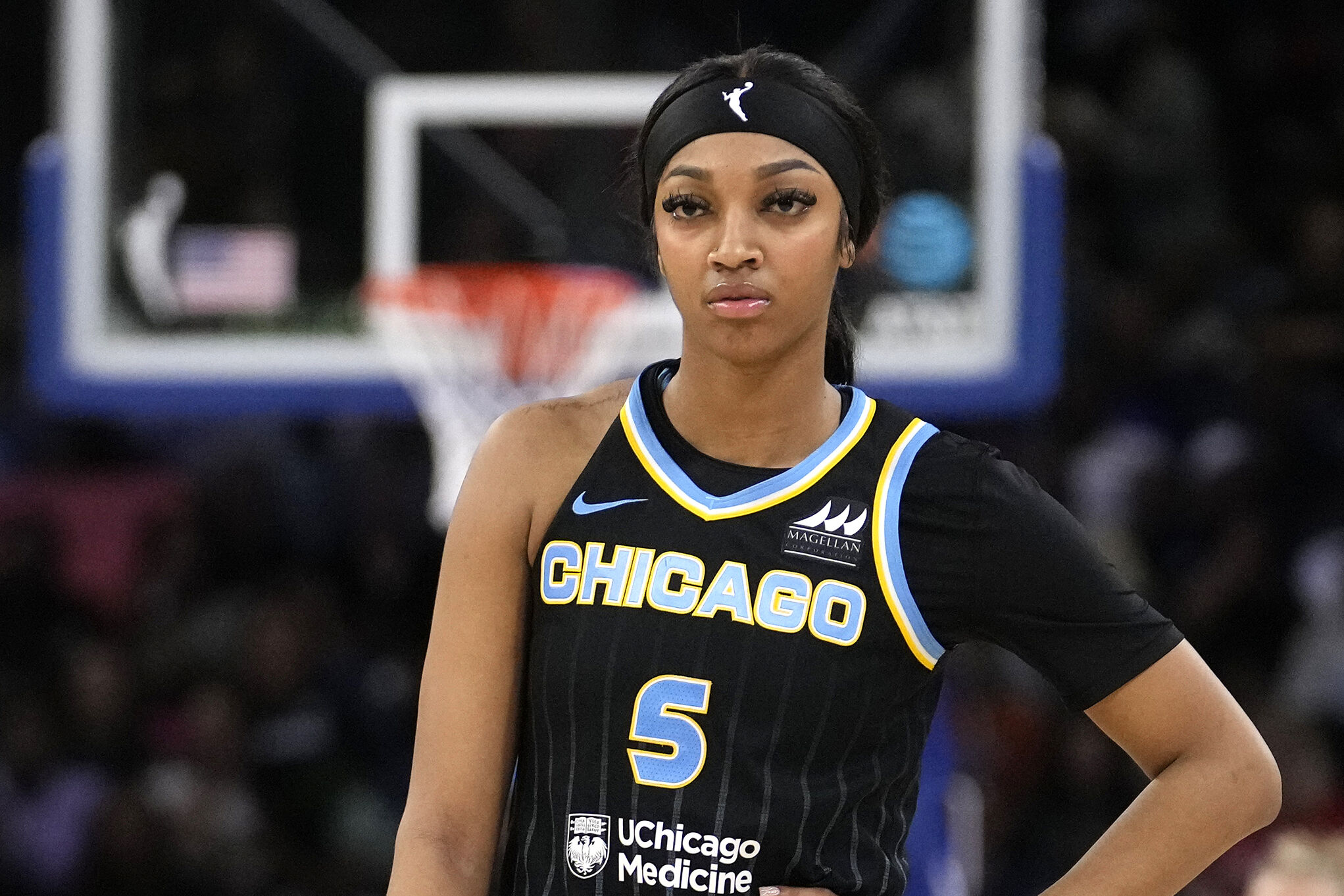 Chicago Sky's Angel Reese waits for play to resume during a WNBA basketball game against the New York Liberty