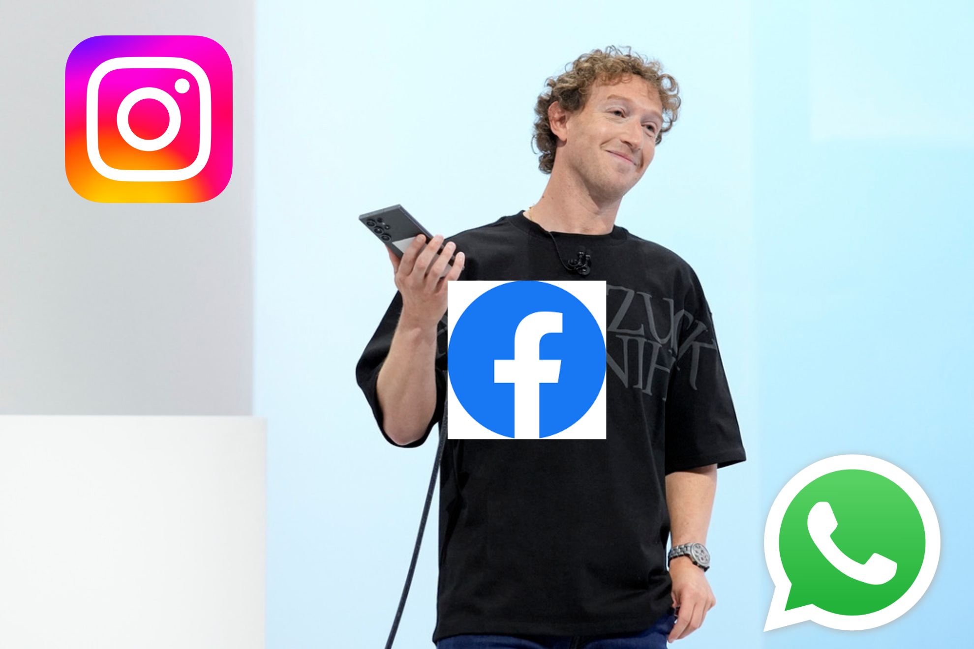 Mark Zuckerberg speaks at a conference in a photo montage featuring Instagram, Facebook and WhatsApp.