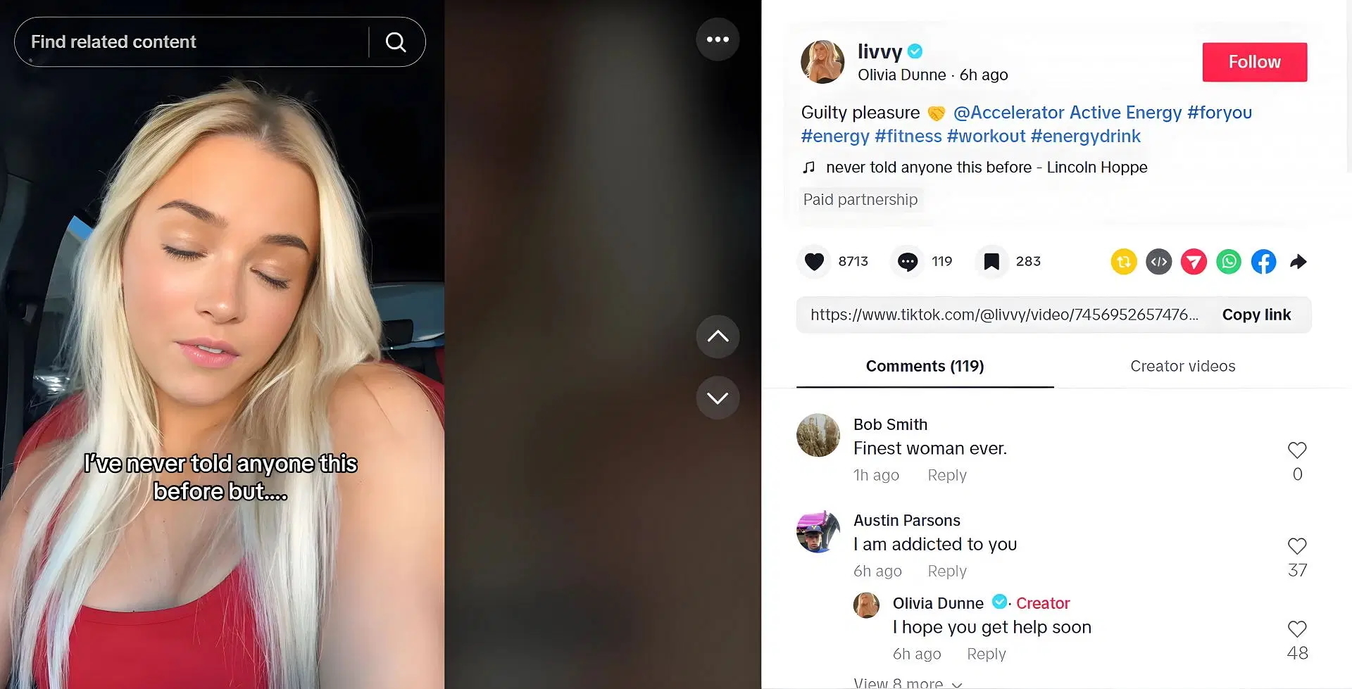Olivia Dunne responds to an "addicted" fan's comment on her TikTok.