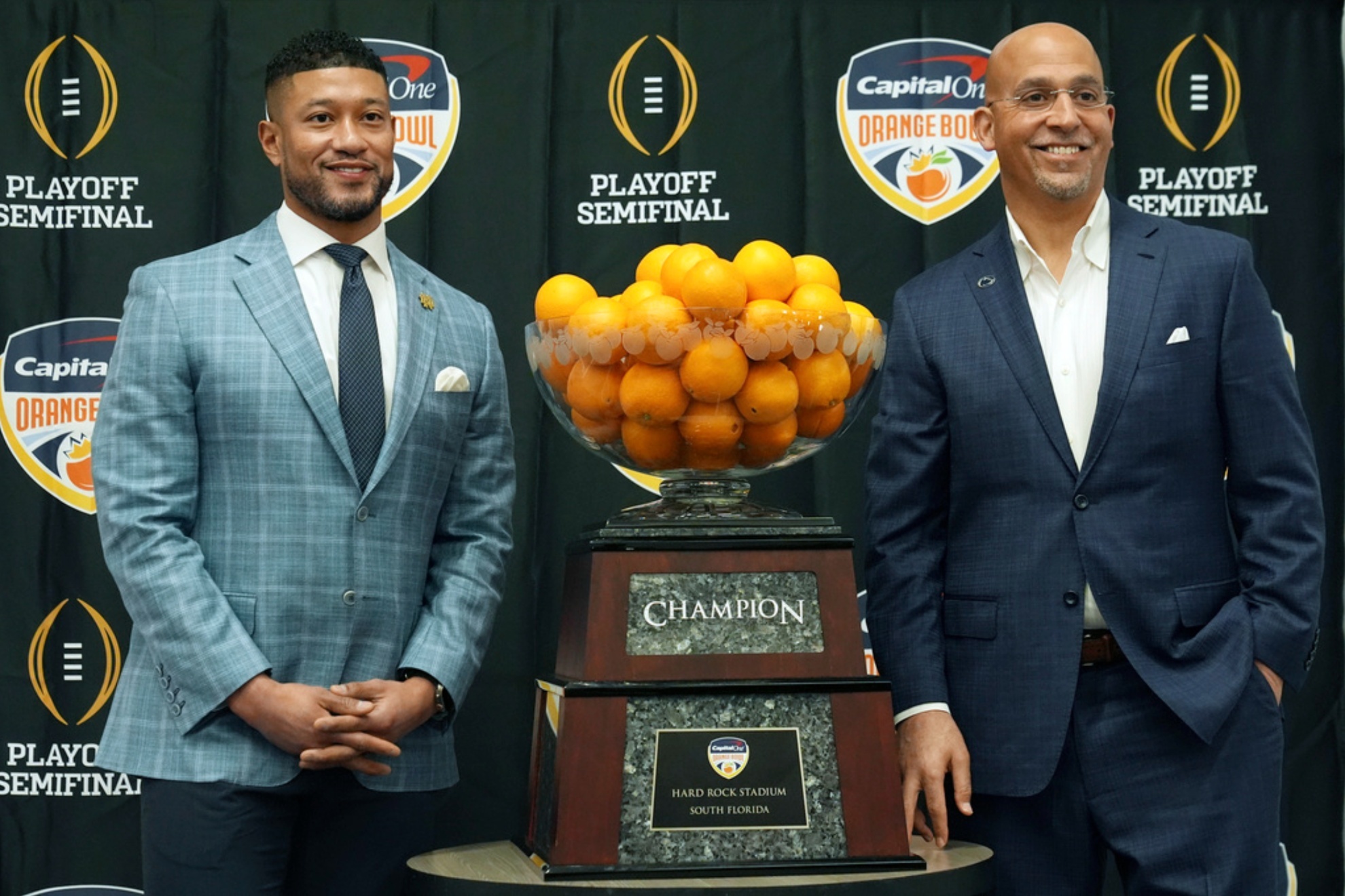 Notre Dame head coach Marcus Freeman and Penn State head coach James Franklin prior to the 2025 Orange Bowl