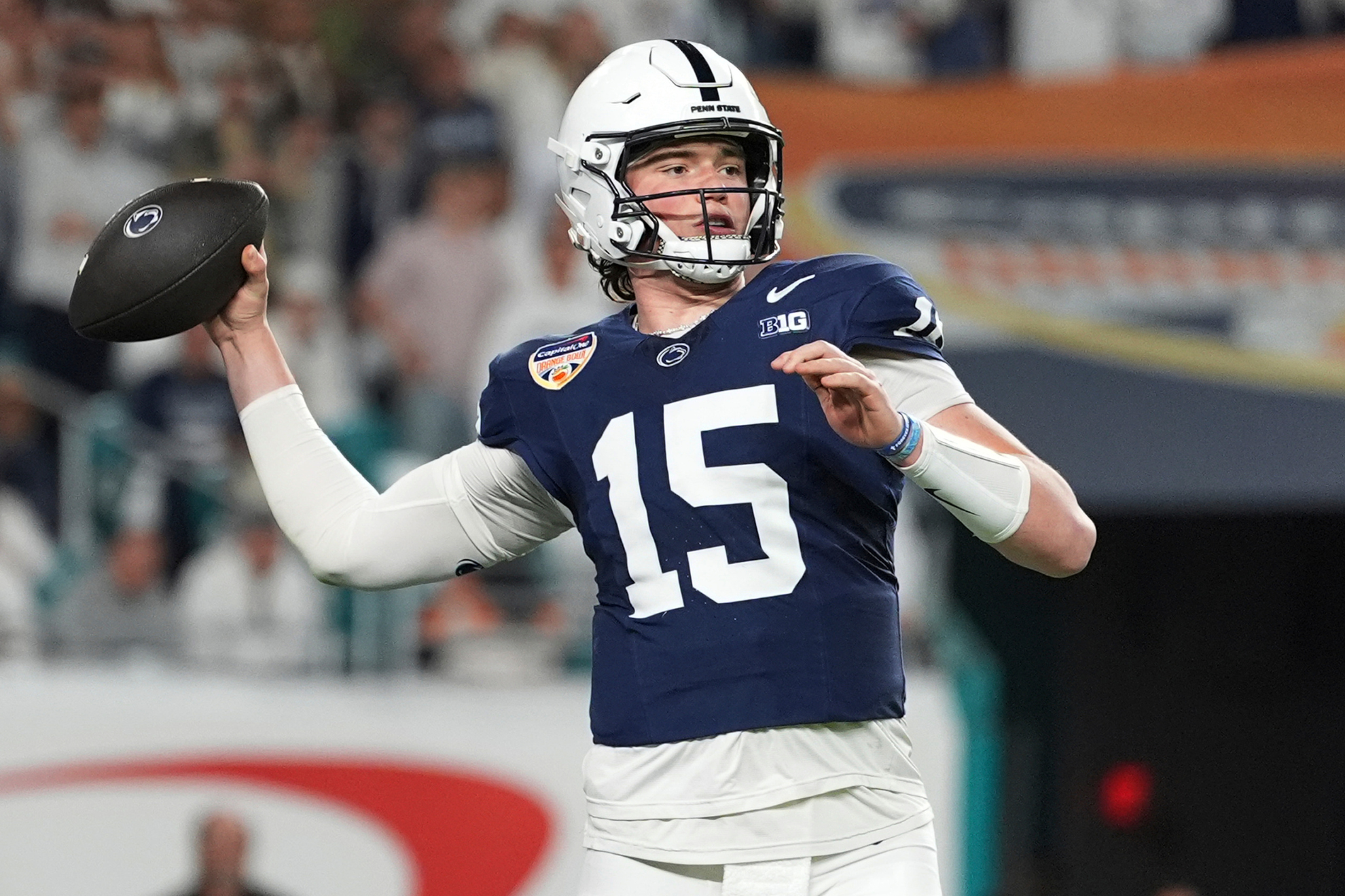 Drew Allar warms up for the 2025 Orange Bowl between Penn State and Notre Dame.