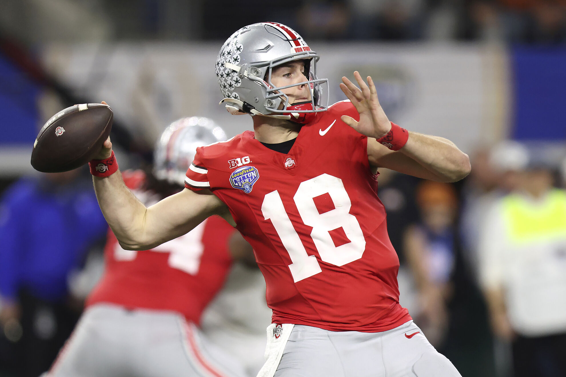 lt;HIT gt;Ohio lt;/HIT gt; lt;HIT gt;State lt;/HIT gt; quarterback Will Howard (18) passes against Texas during the second half of the Cotton Bowl College Football Playoff semifinal game, Friday, Jan. 10, 2025, in Arlington, Texas. (AP Photo/Gareth Patterson)