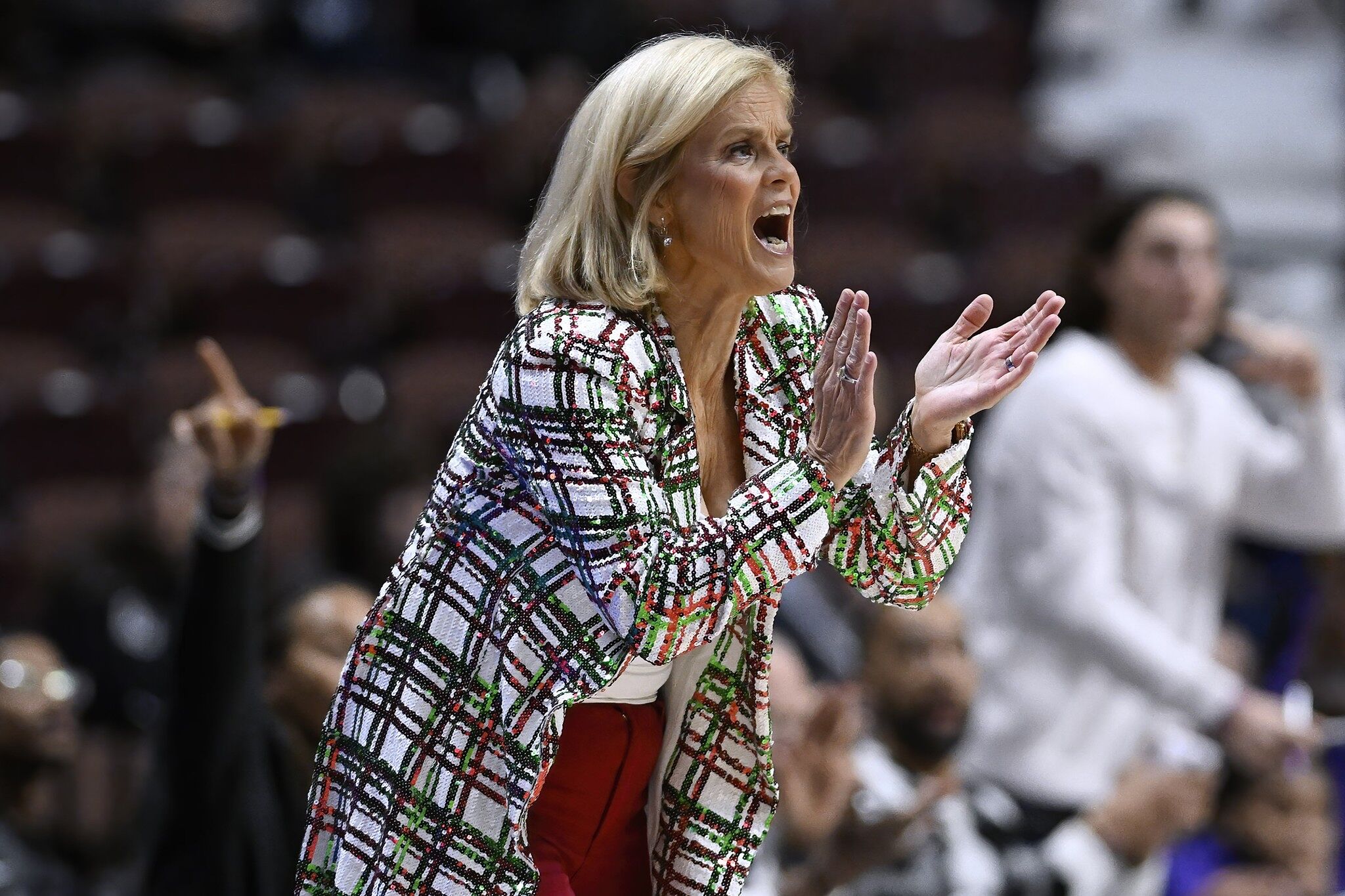 LSU head coach Kim Mulkey in an NCAA college basketball game against Seton Hall