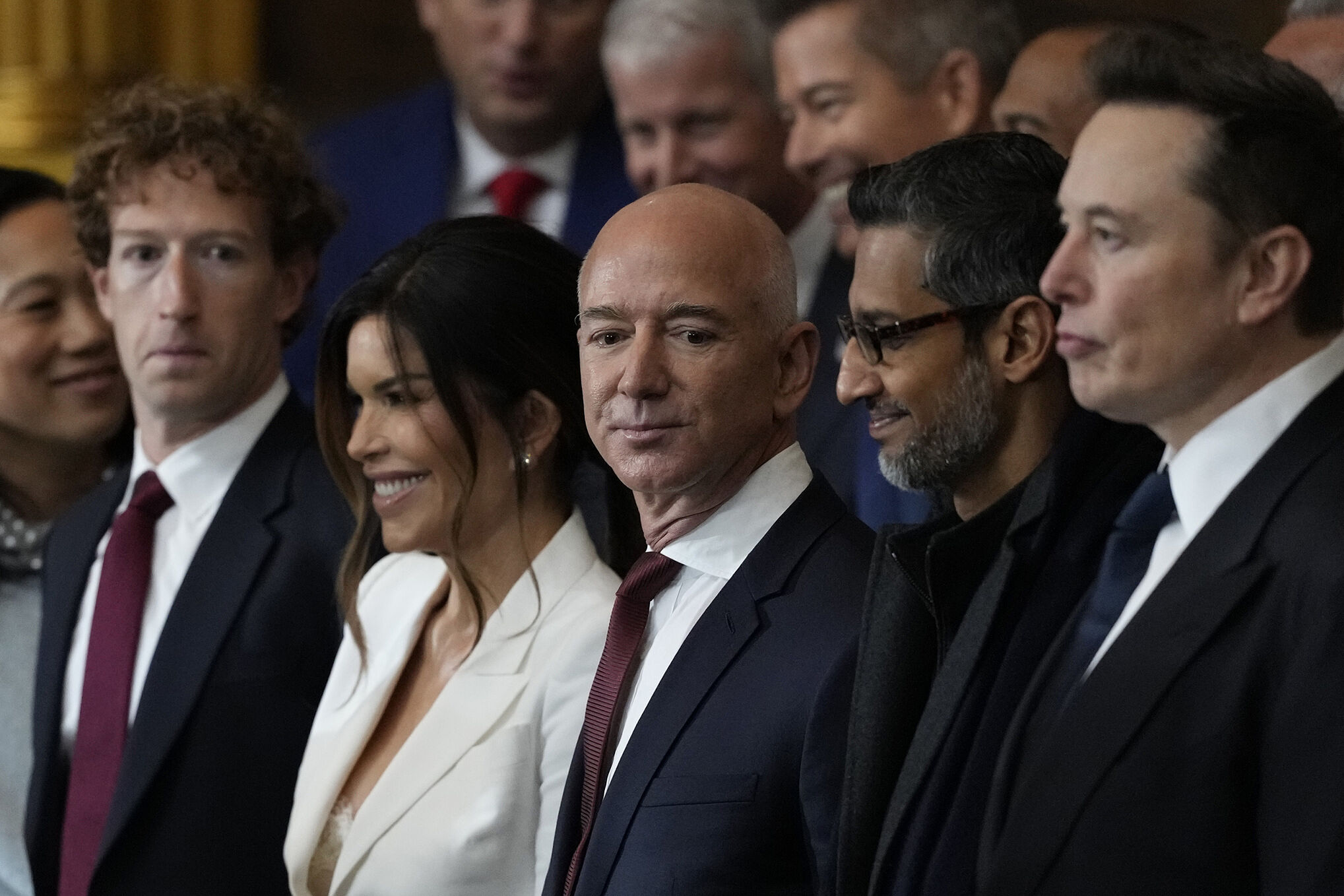Mark Zuckerberg, Lauren Sanchez, Jeff Bezos, Sundar Pichai and Elon Musk