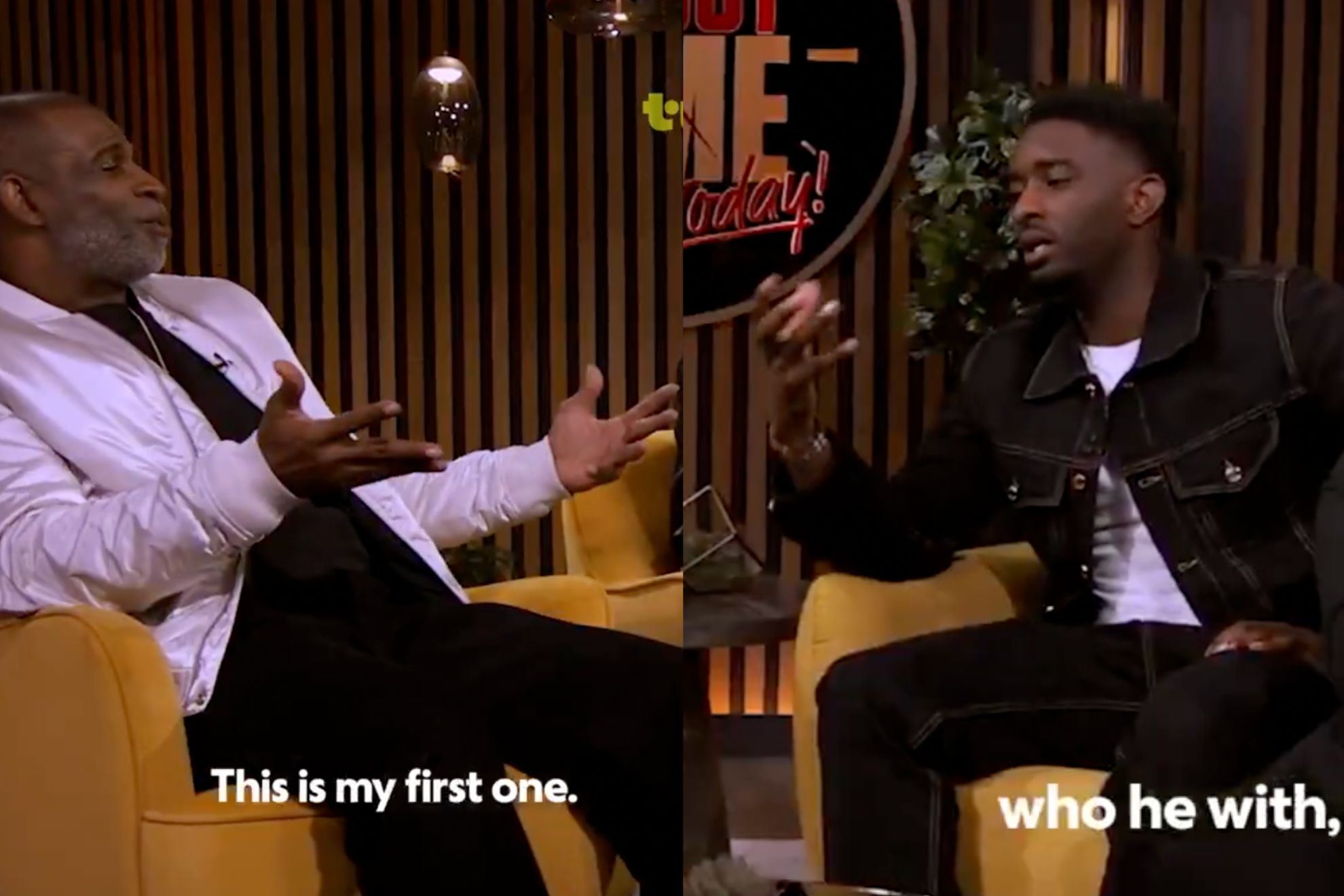 Deion Sanders jumps off a couch after hearing the results of a DNA paternity test that involves a young comedian