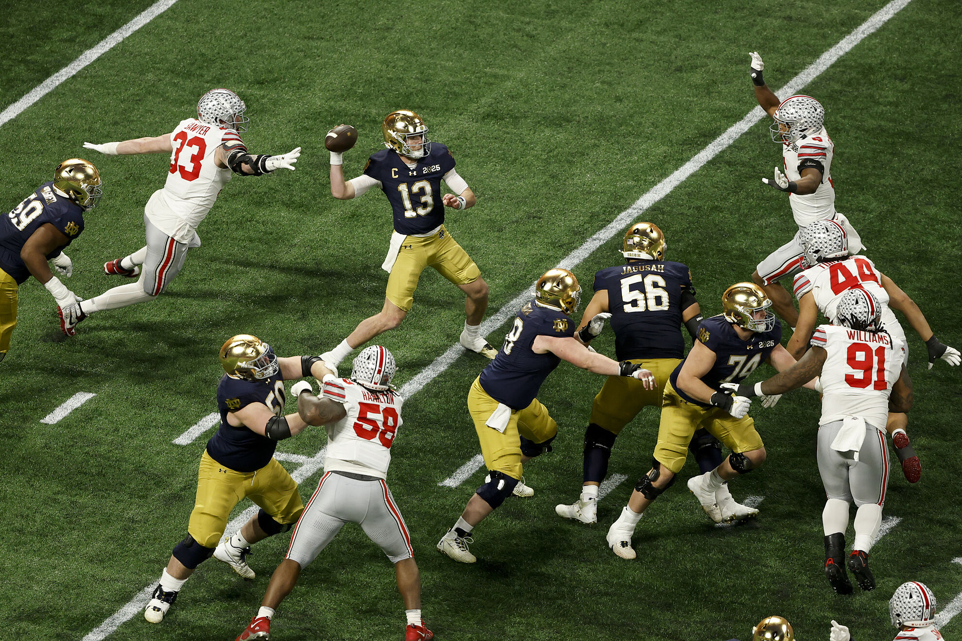 Notre Dame quarterback Riley Leonard passes against Ohio State during second half of the College Football Playoff national championship game Monday, Jan. 20, 2025, in Atlanta. (AP Photo/Butch Dill)