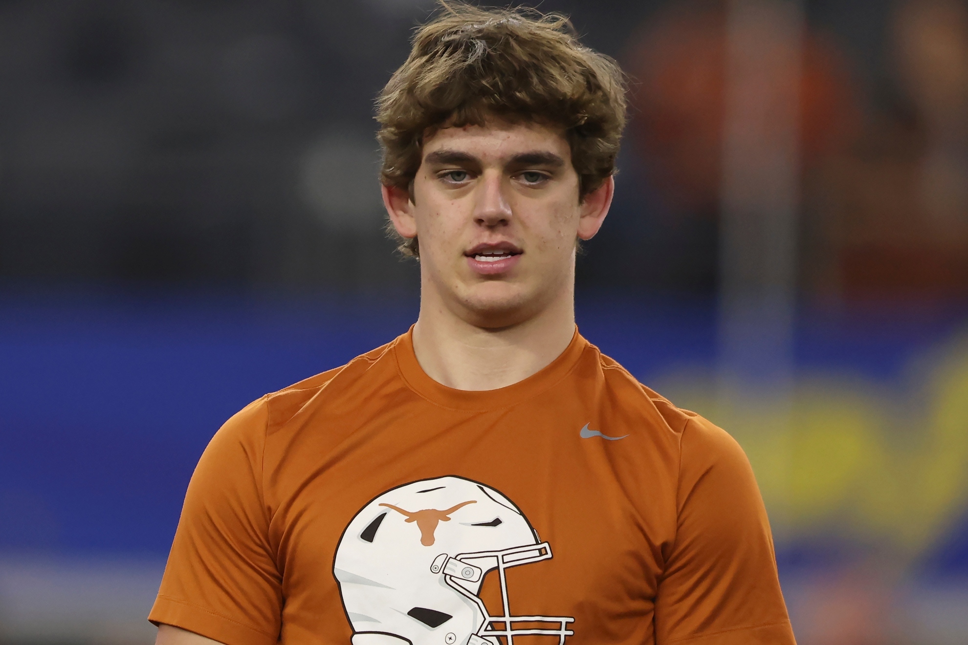 Arch Manning during pregame warmups prior to a Texas Longhorns football game.