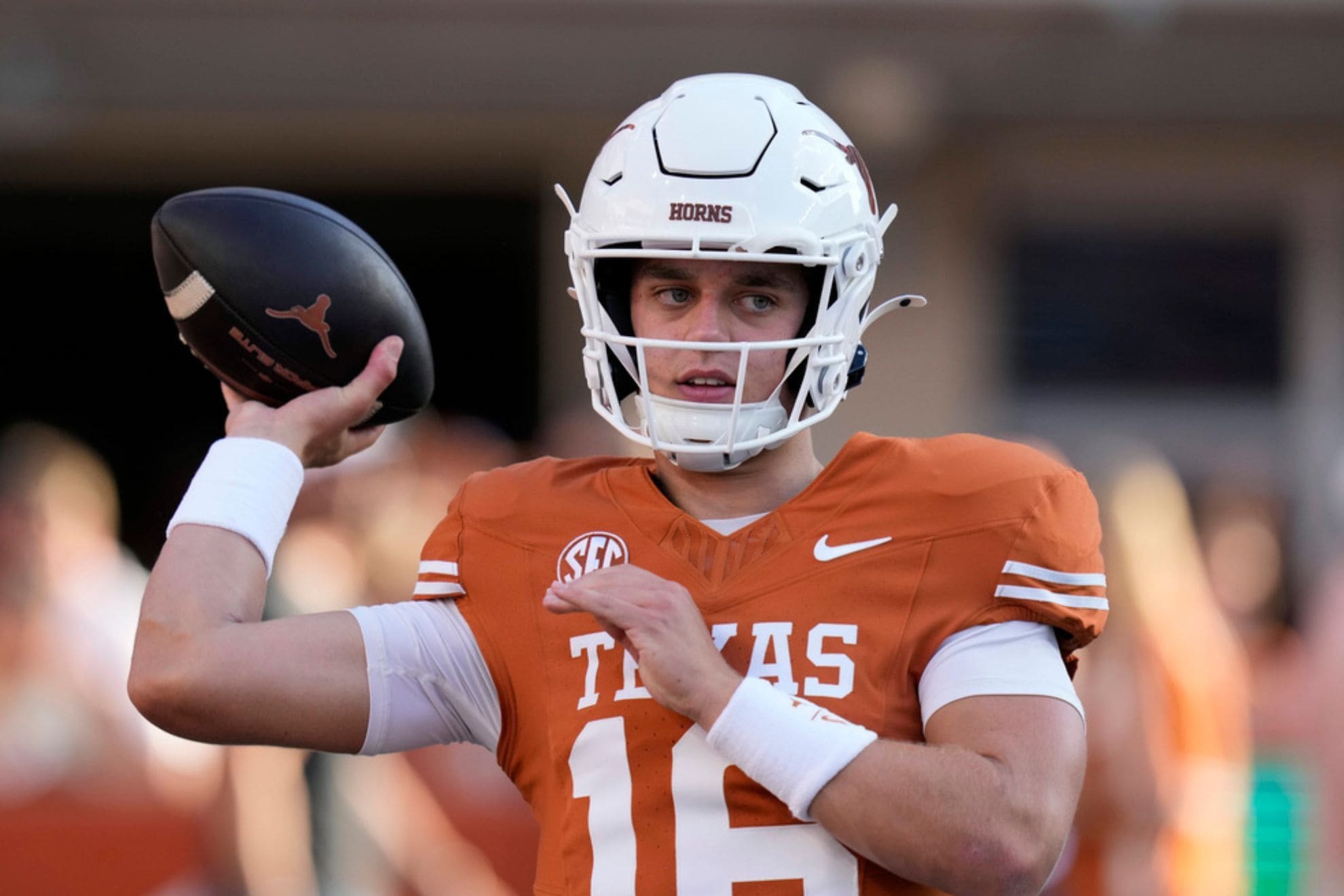 Texas quarterback Arch Manning throws before an NCAA college football game against Louisiana-Monroe in Austin, Texas, Saturday, Sept. 21, 2024. (AP Photo/Eric Gay)