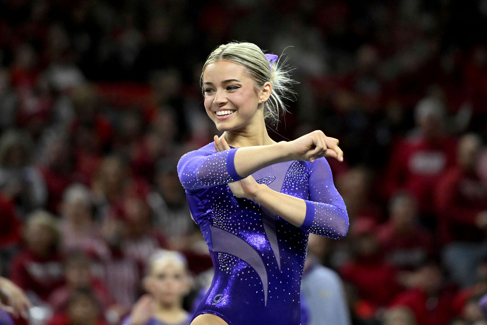 LSU gymnast Olivia Dunne competes on the floor against Arkansas during an NCAA gymnastics meet