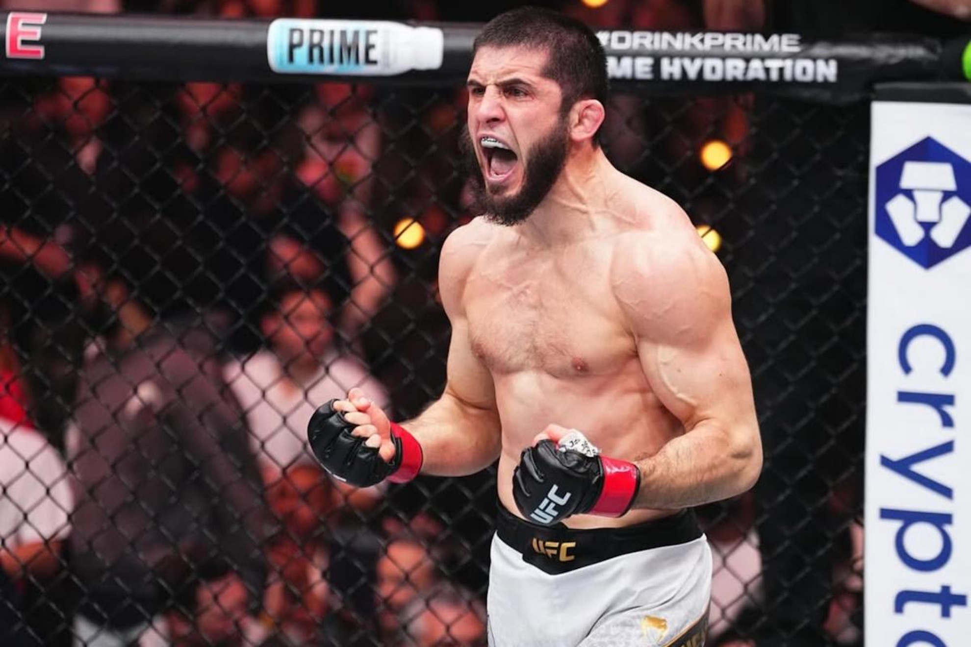 Makhachev celebrating his submission win over Renato Moicano.