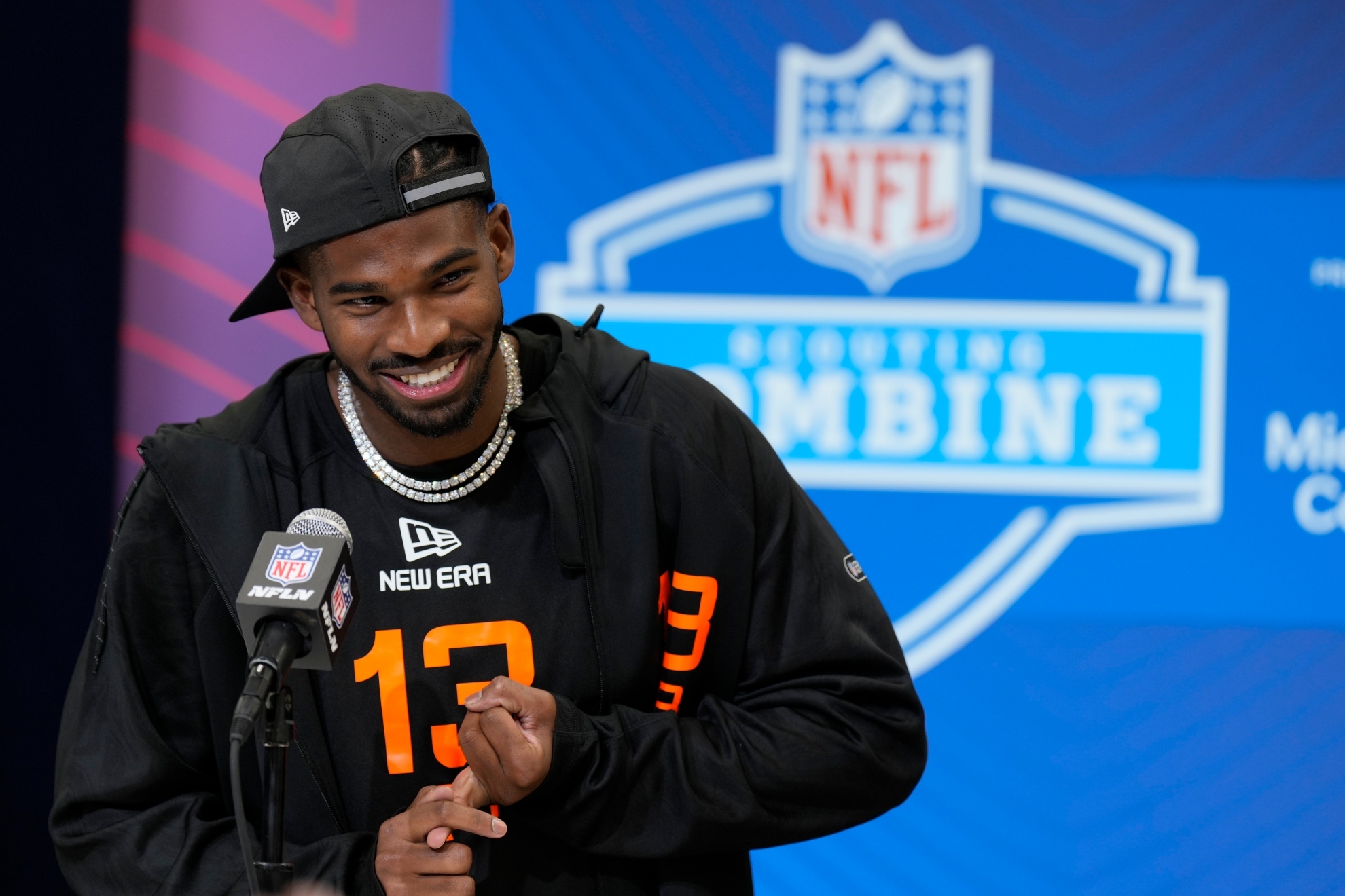Shedeur Sanders speaks during a press conference at the NFL scouting combine.