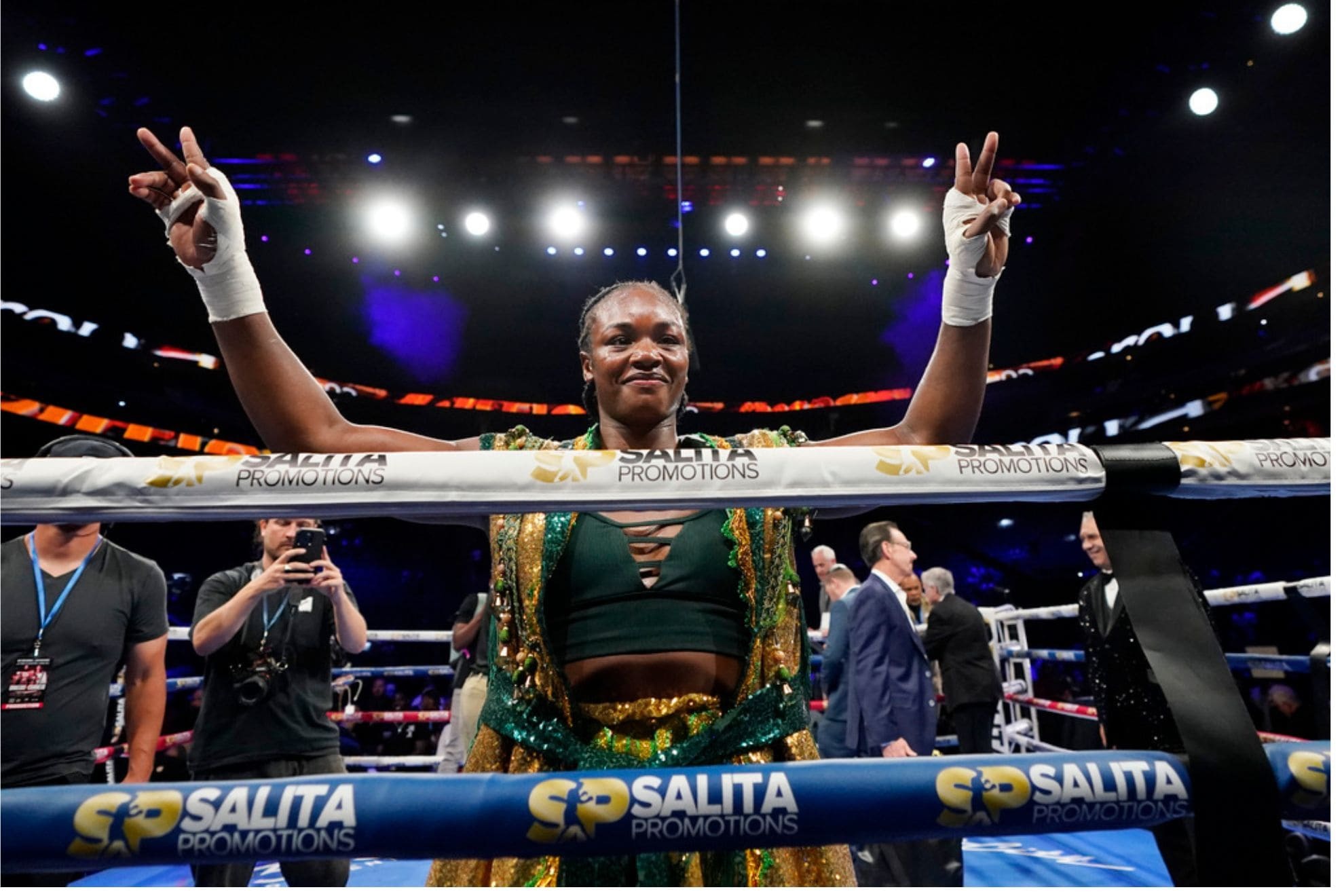 Claressa Shields acknowledges the fans after her win over Maricela Cornejo in a middleweight boxing bout Saturday, June 3, 2023, in Detroit. (AP Photo/Carlos Osorio)