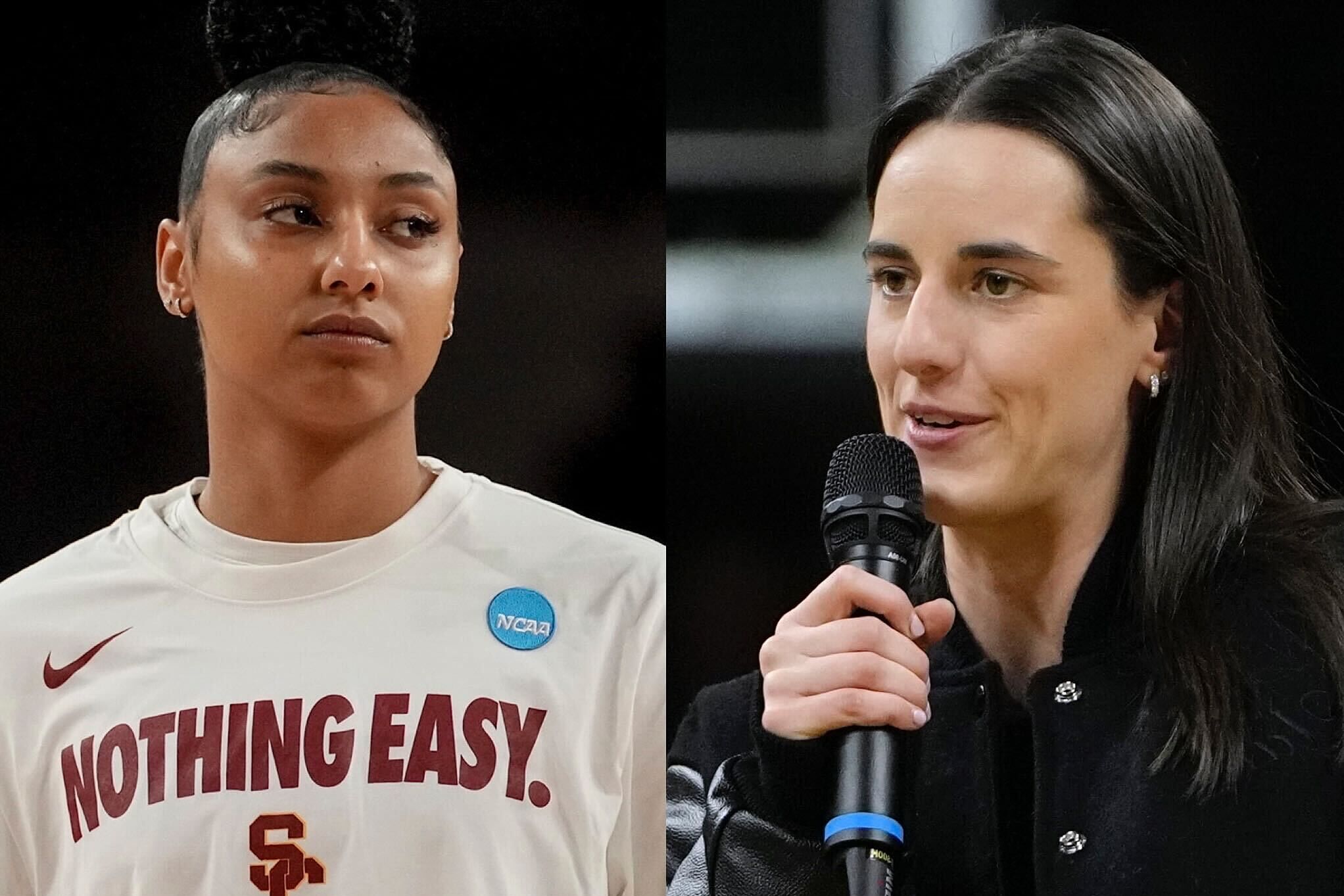 USC guard JuJu Watkins (left) before a college basketball game, and Caitlin Clark speaks during her jersey retirement cermony in Iowa