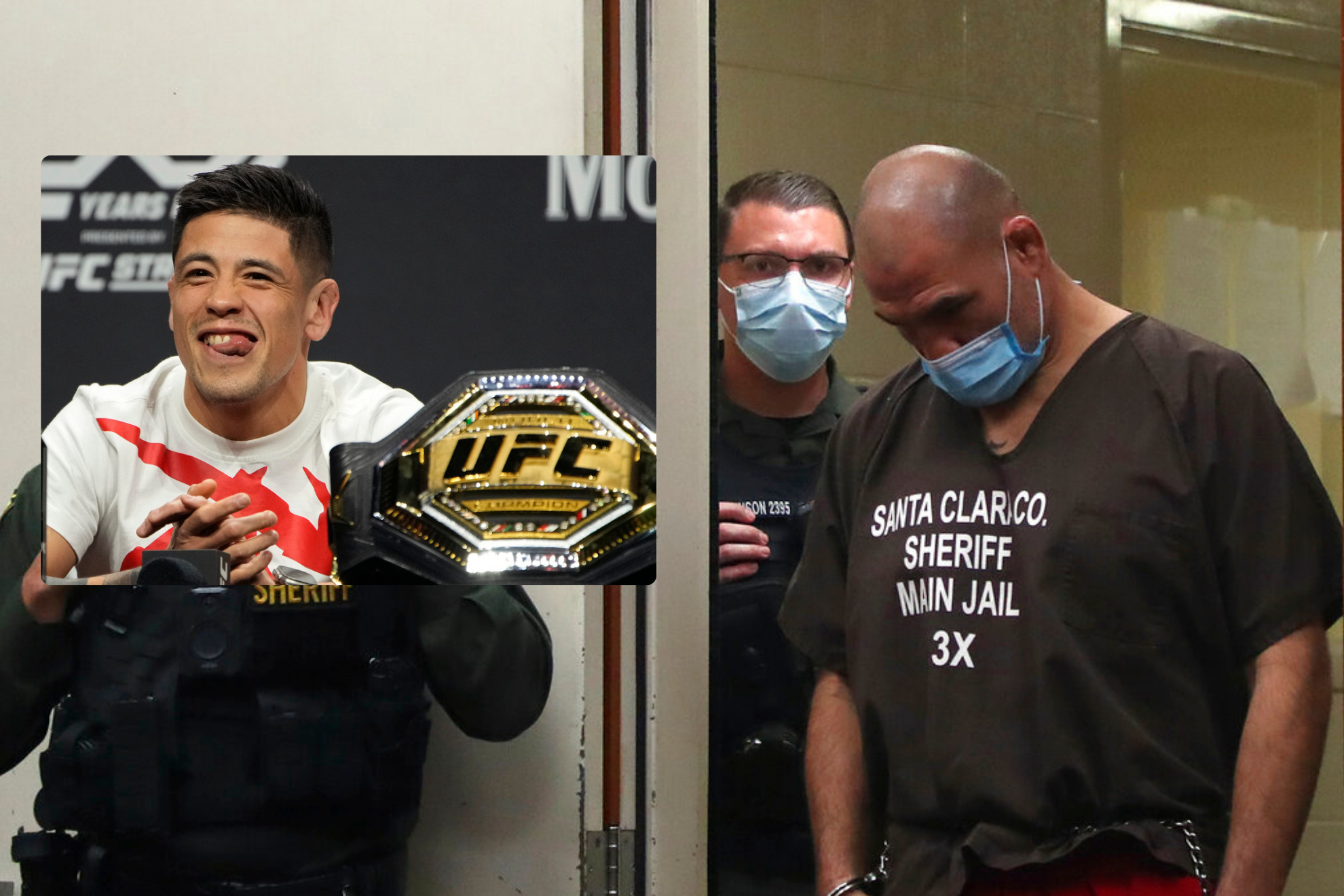 Cain Velasquez, right, appears in court at the Santa Clara County Courthouse, and Brandon Moreno in the rectangular photo.