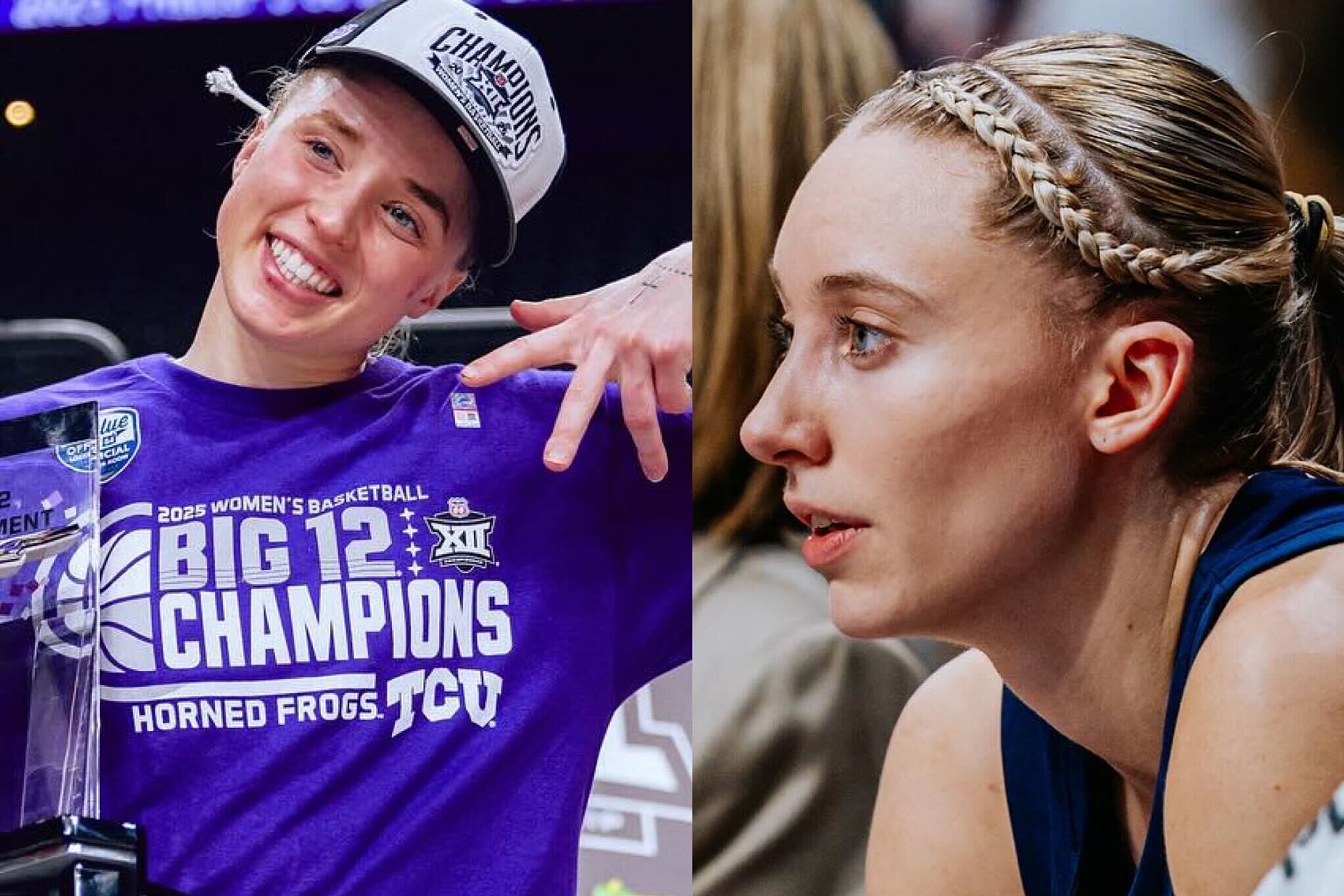 Hailey Van Lith (left) celebrates after winning the BIG 12 championship and Paige Bueckers sits on the bench in an NCAA tournament game