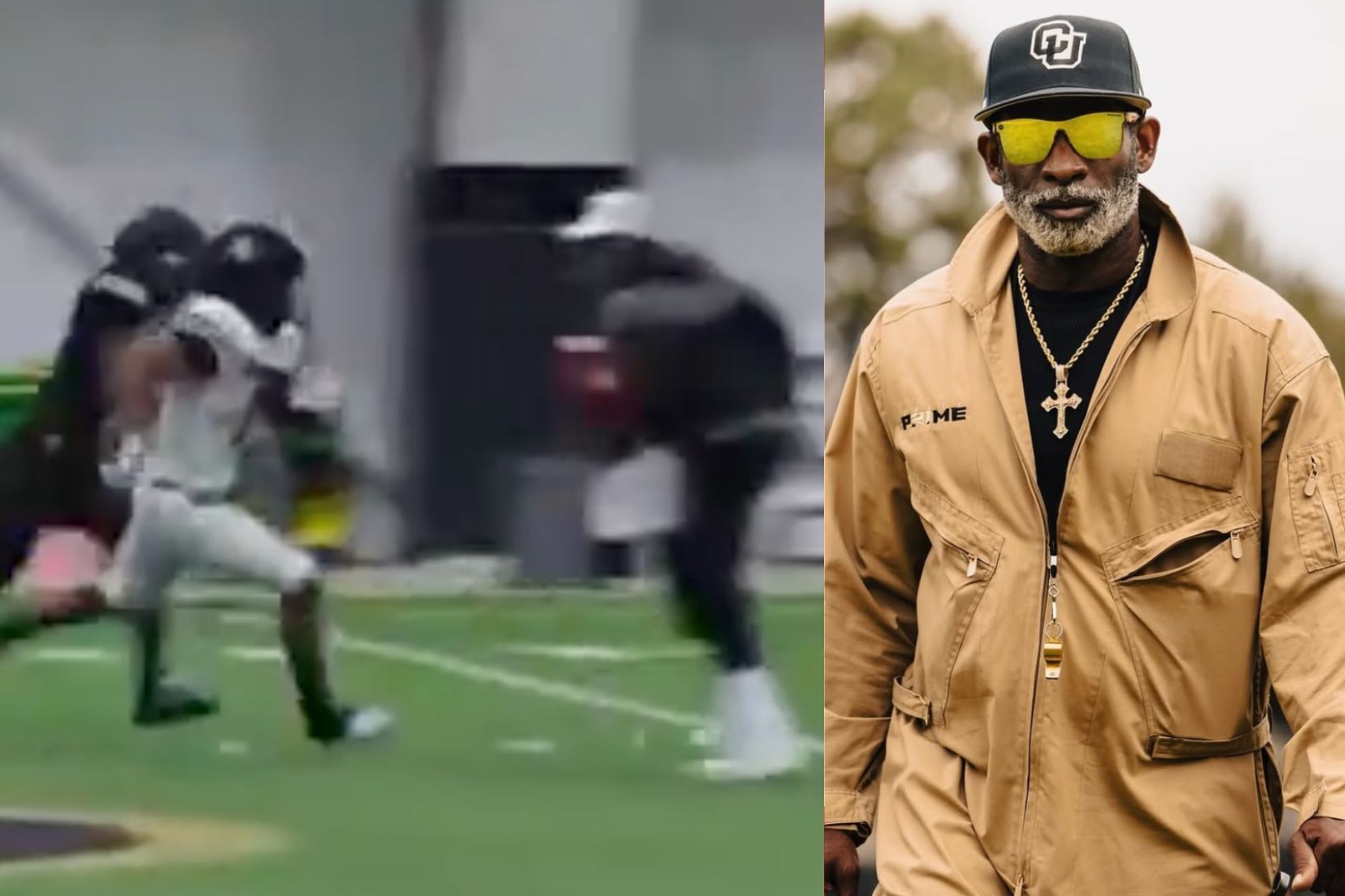 Deion Sanders almost gets run over by a Colorado defender and avoids serious injury
