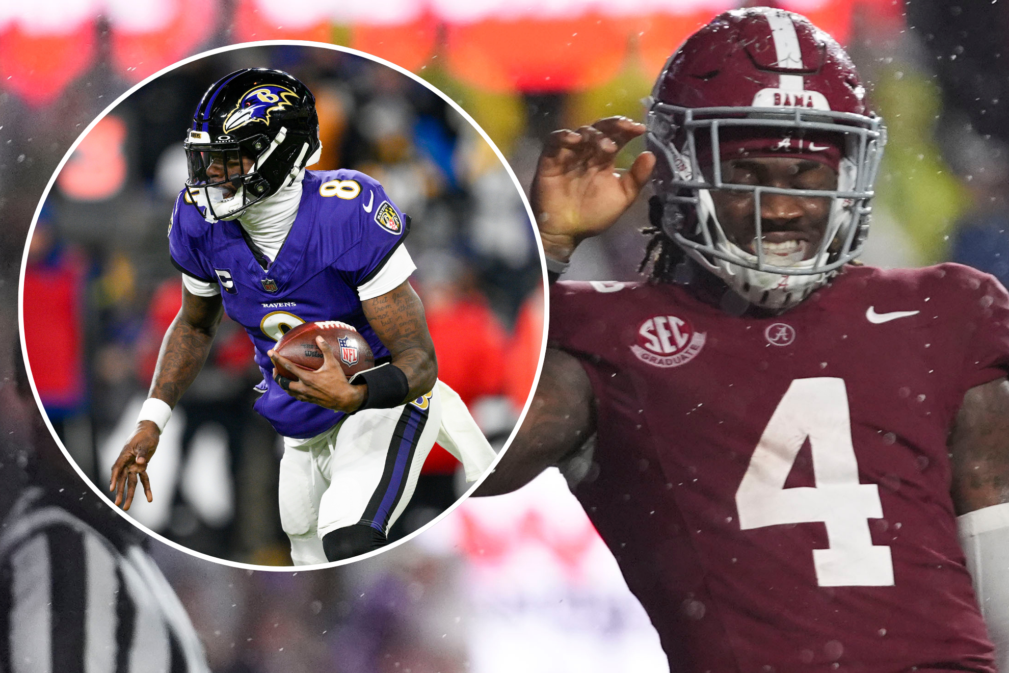 Lamar Jackson alongside Jalen Milroe, who plays for Alabama in College Football.