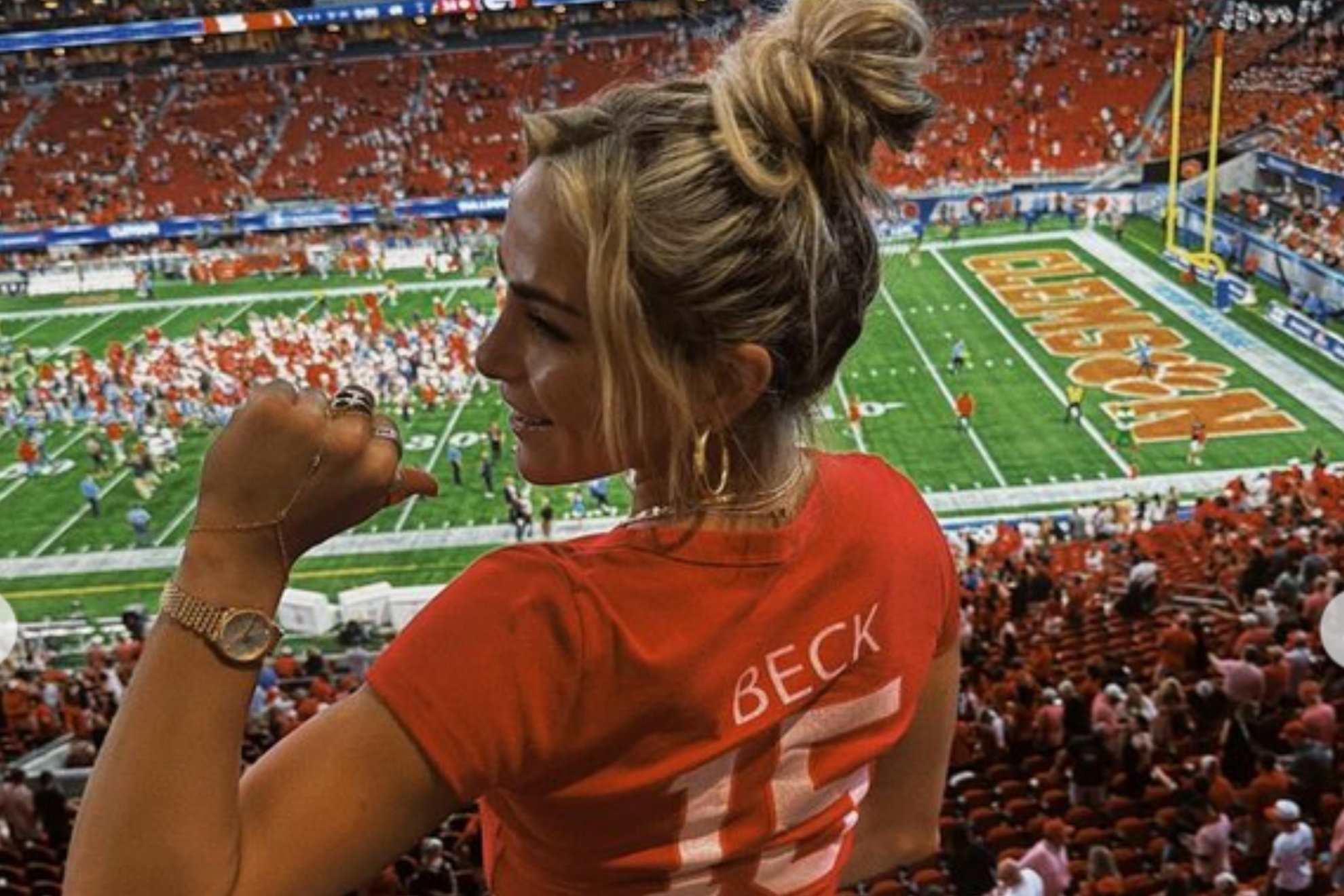 Hanna Cavinder wearing a Carson Beck shirt.