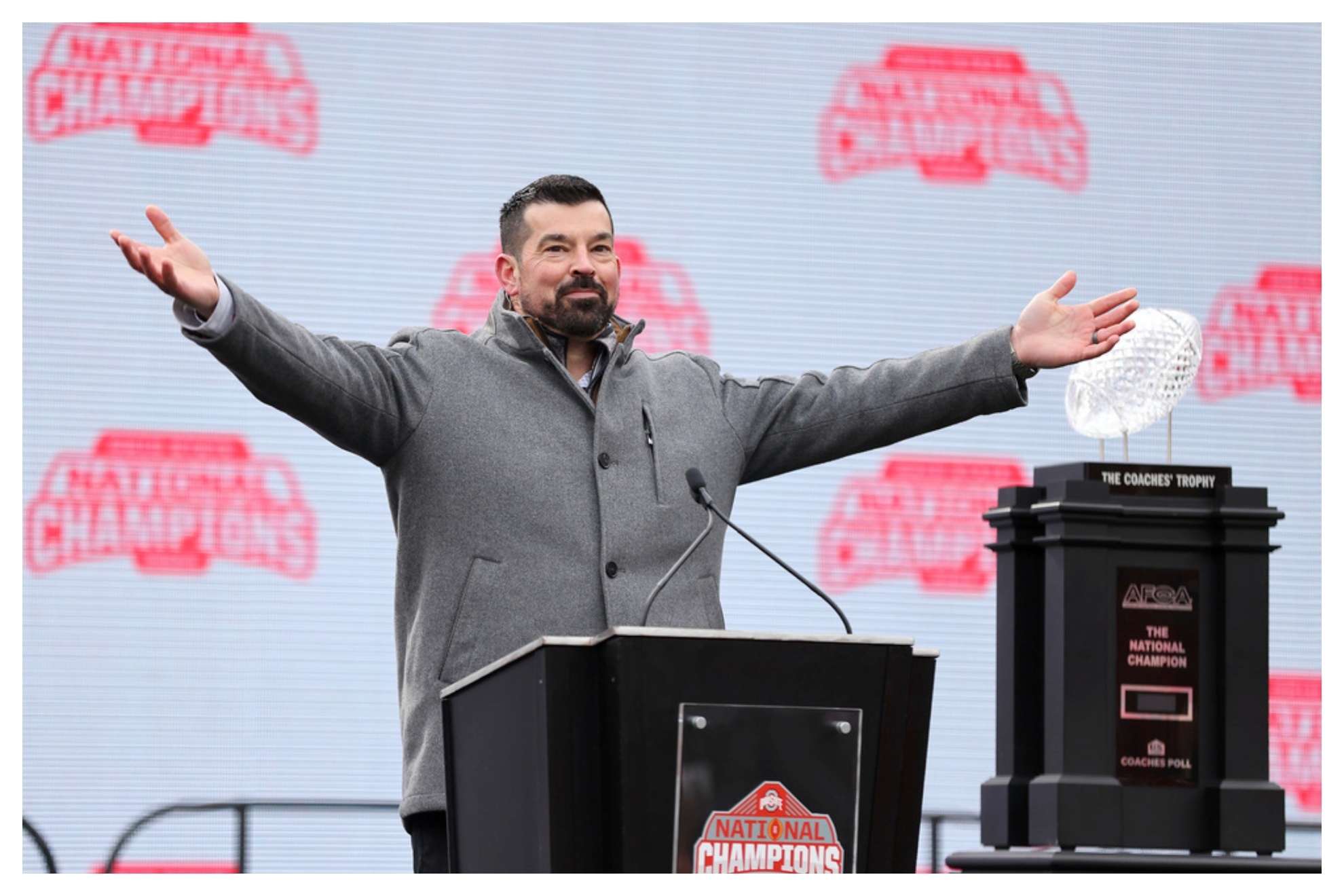 Ohio State Buckeyes head coach Ryan Day speaks during the National Championship football celebration at Ohio Stadium in Columbus.
