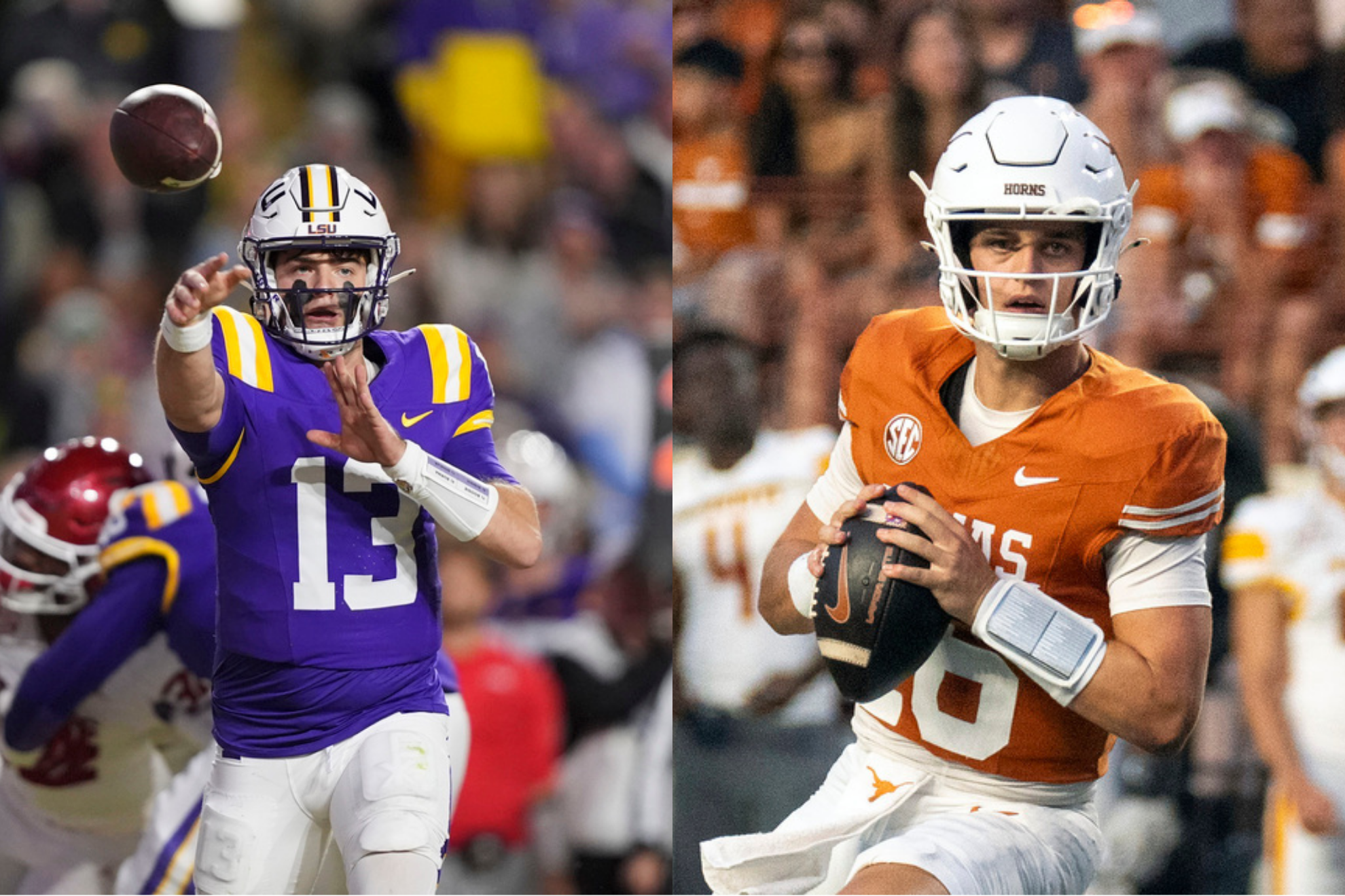 LSU quarterback Garrett Nussmeier & Texas quarterback Arch Manning looks to pass